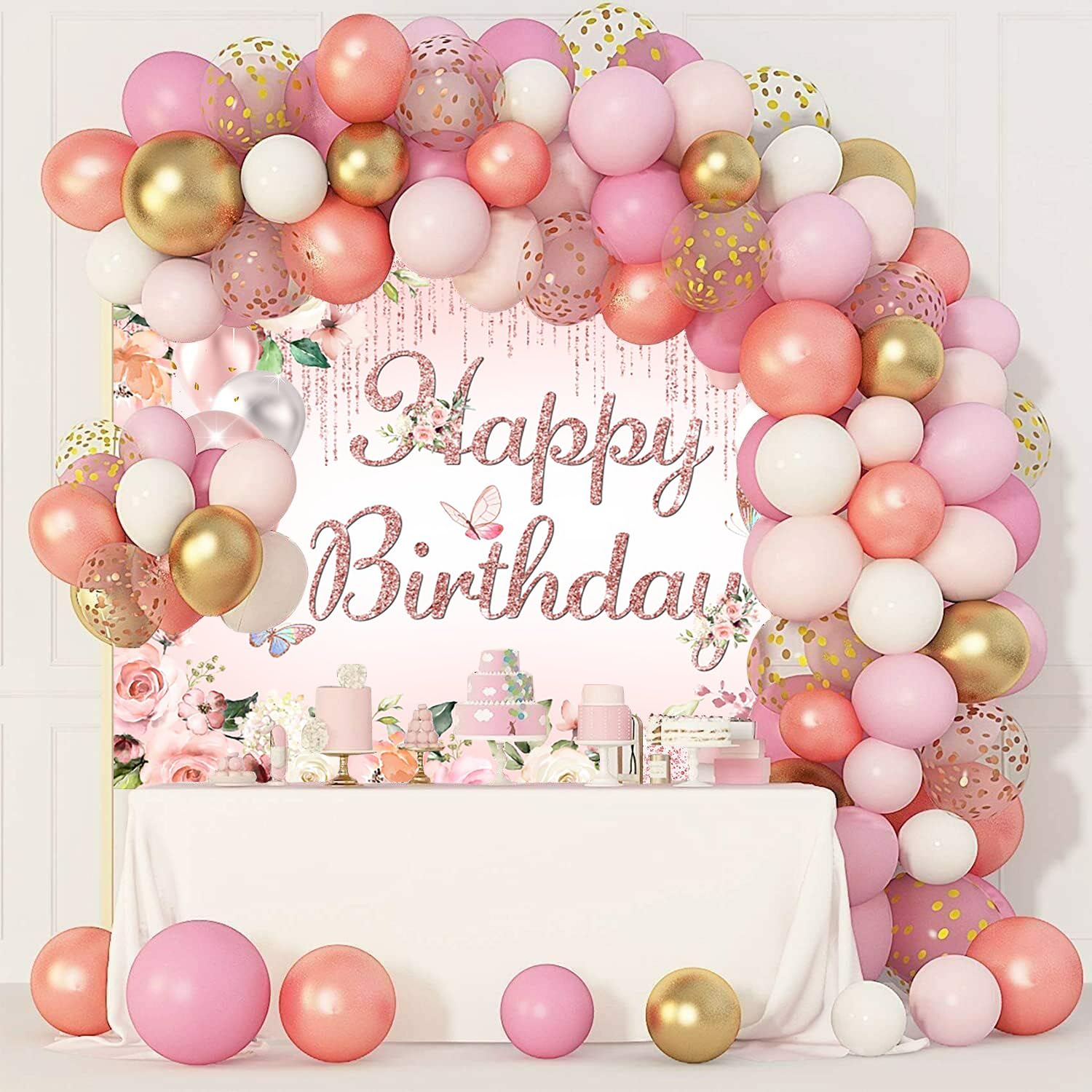 Festone Compleanno Happy Birthday - Decorazione Floreale E Farfalle 150x90 Cm Per Feste - Foto 3