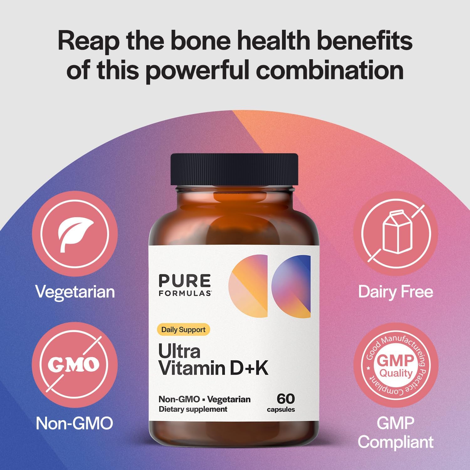 PureFormulas Vitamin D3 K2 Vitamin 5000 IU - VIT D3 K2 Supplement for Calcium Absorption, Bone Strength, Cardiovascular & Immune Function Support, Soy-Free, Non-GMO 60 Vegetarian Capsules