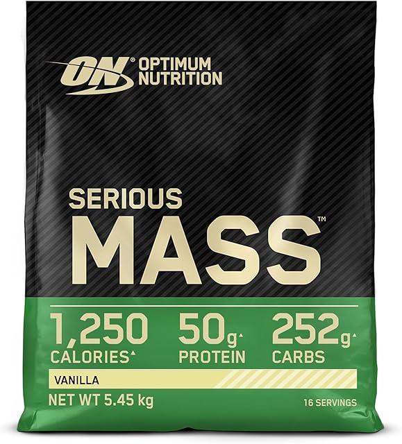 Optimum Nutrition Serious Mass Protein Powder High Calorie Mass Gainer with Vitamins, Creatine Monohydrate and Glutamine, Vanilla, 16 Servings, 5.45kg, Packaging May Vary