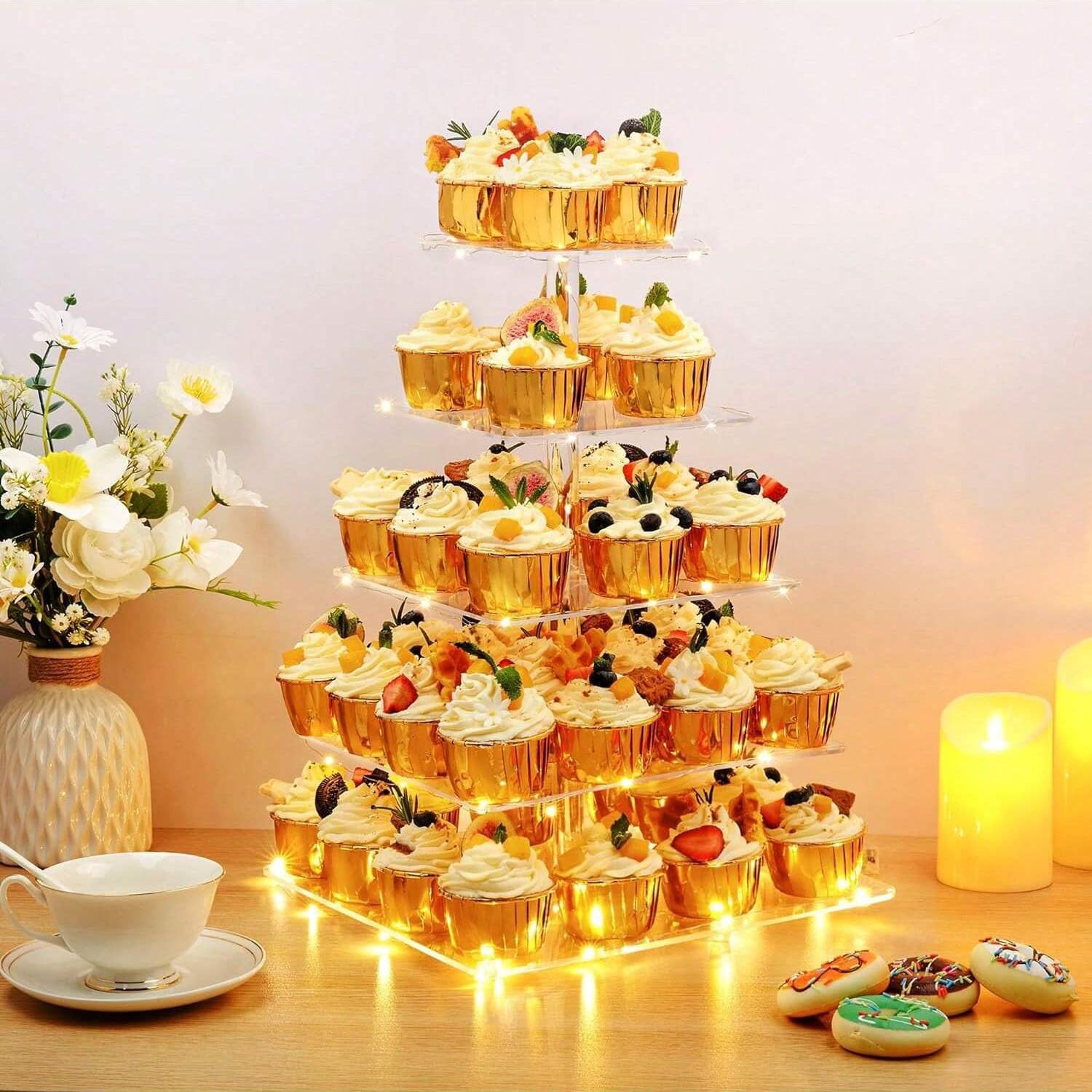 5 Etagen Cupcake Ständer, Gelb LED Lichterkette de Tortenständer Acryl für Hochzeit, Party, Geburtstag, Baby Duschen & Kuchen Dessert, Torten Etagere 5-stöckig, Quadrat Cupcake Stand