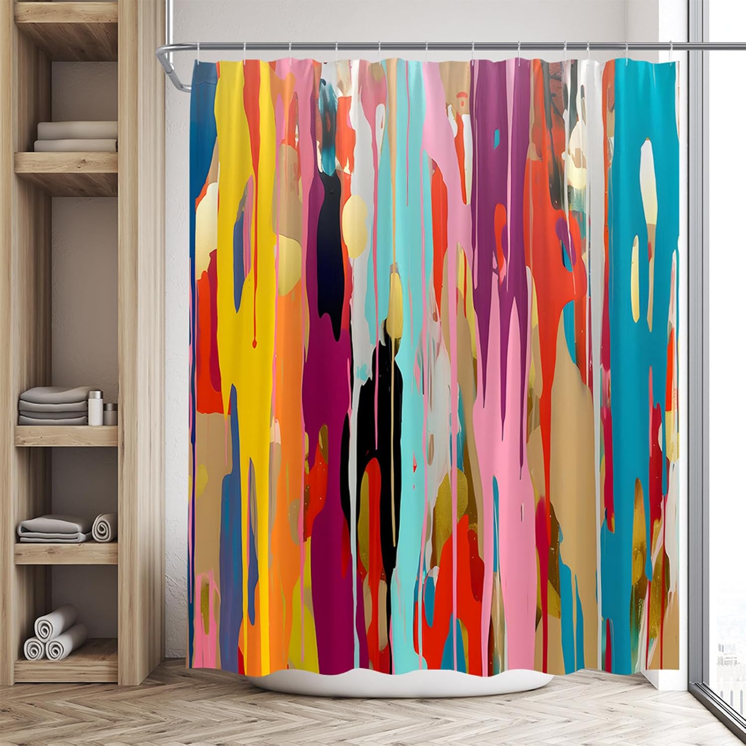 Abstract Multicolor Shower Curtain Rainbow Colorful Geometric Color Art Striped Bathroom Polyester Curtains Set Home Bathtub Decor with Hooks 84Wx70H Inch
