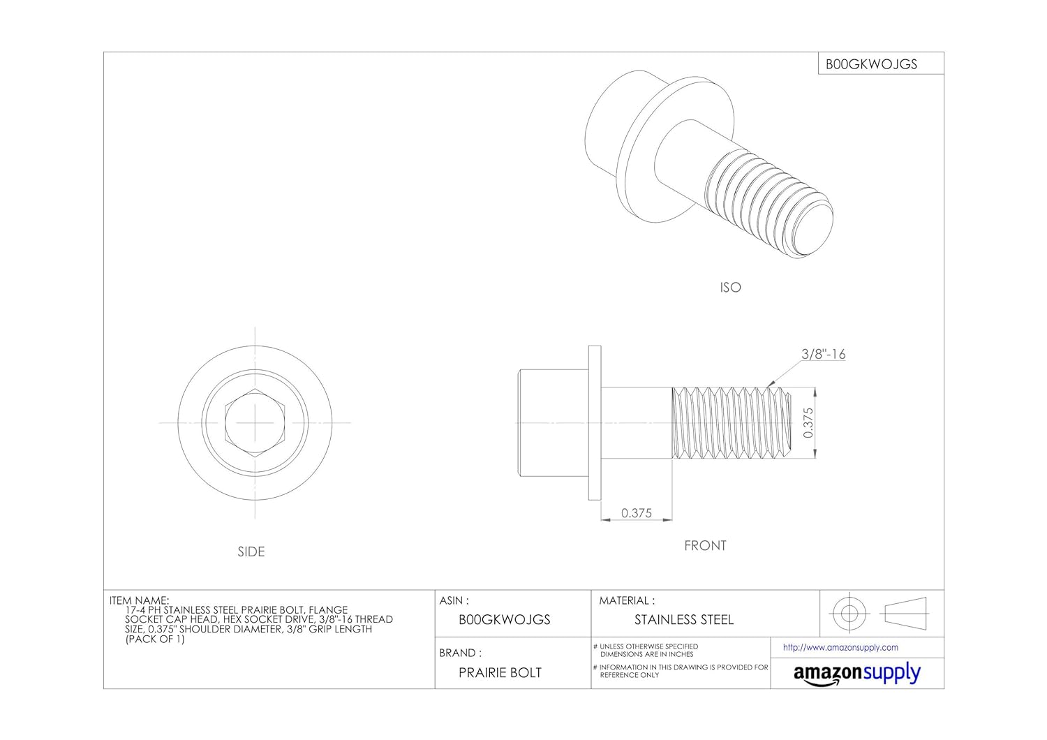 17-4 PH Stainless Steel Prairie Bolt, Plain Finish, Flange Socket Cap Head, Hex Socket Drive, 3/8"-16 Thread Size, 0.375" Shoulder Diameter, 3/8" Grip Length, Made in US (Pack of 1)