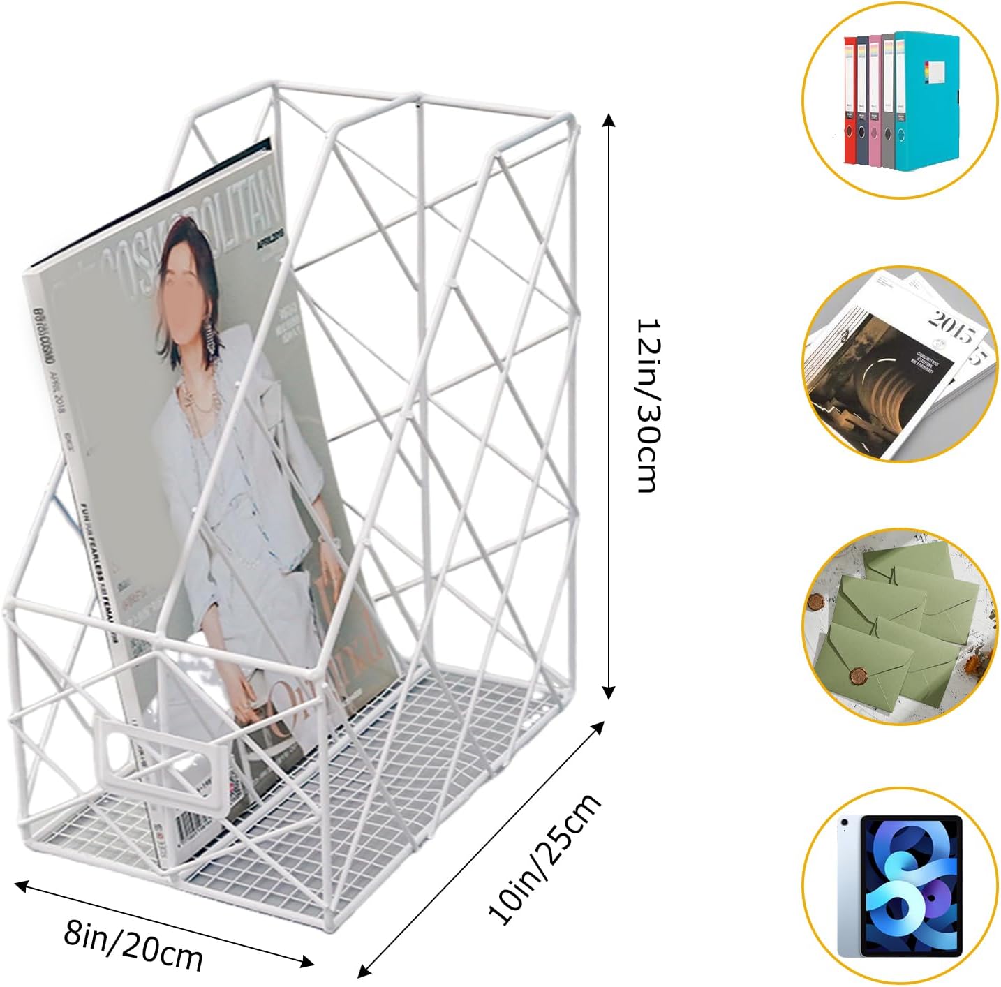 Modern Geometric Metal File Organizer for Desk, 8"×10"×12" Iron Mesh Magazine Holder, Desktop Document Rack Storage for Office Supplies, Vertical Book Stand File Folder Rack (White)