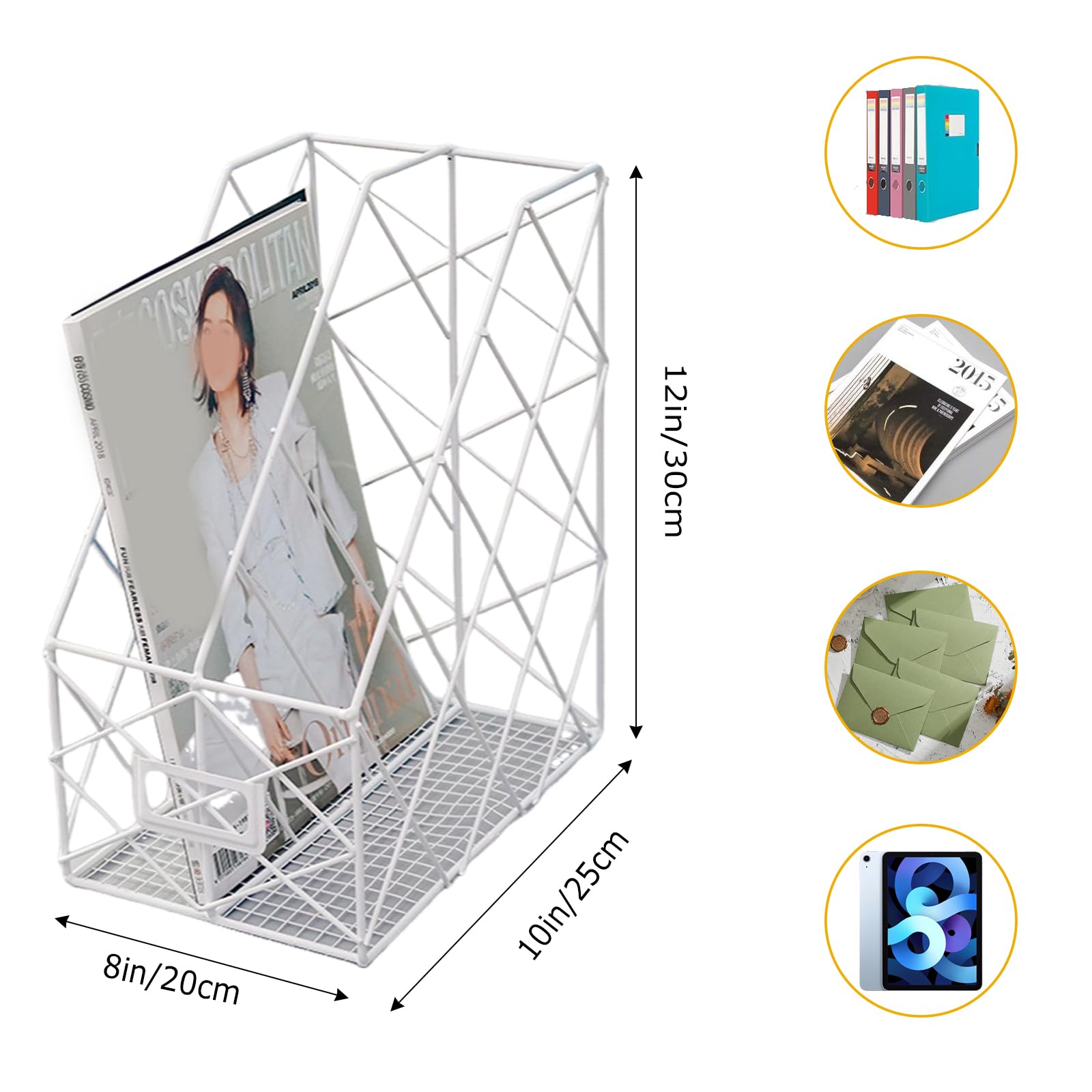 Moderno organizer geometrico in metallo per scrivania, 20,3 x 25,4 x 30,5 cm, in rete di ferro, per documenti da scrivania, per forniture per ufficio, supporto verticale per libri e cartelle (bianco)