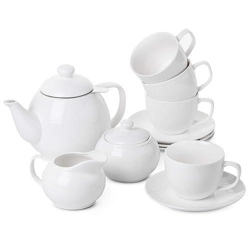 Juego de té real BTaT – 4 tazas de té de porcelana (8 onzas), olla (32 onzas), juego de crema y azúcar