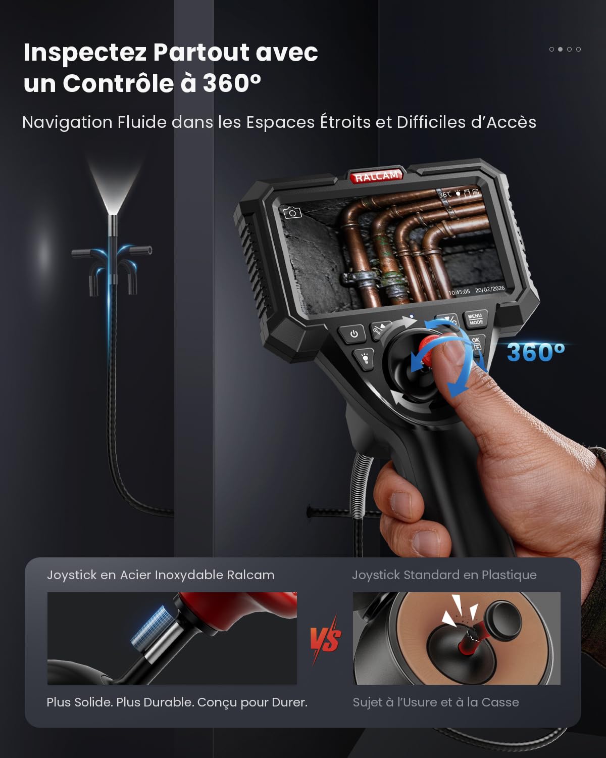 Ralcam Caméra Endoscopique Industrielle avec Câble Serpent Remplaçable, Écran HD 5", Sonde Articulée à 4 Directions & Joystick en Acier Inoxydable, Caméra 6,2 mm, Câble Étanche, 1,5 m Auto & Tuyaux
