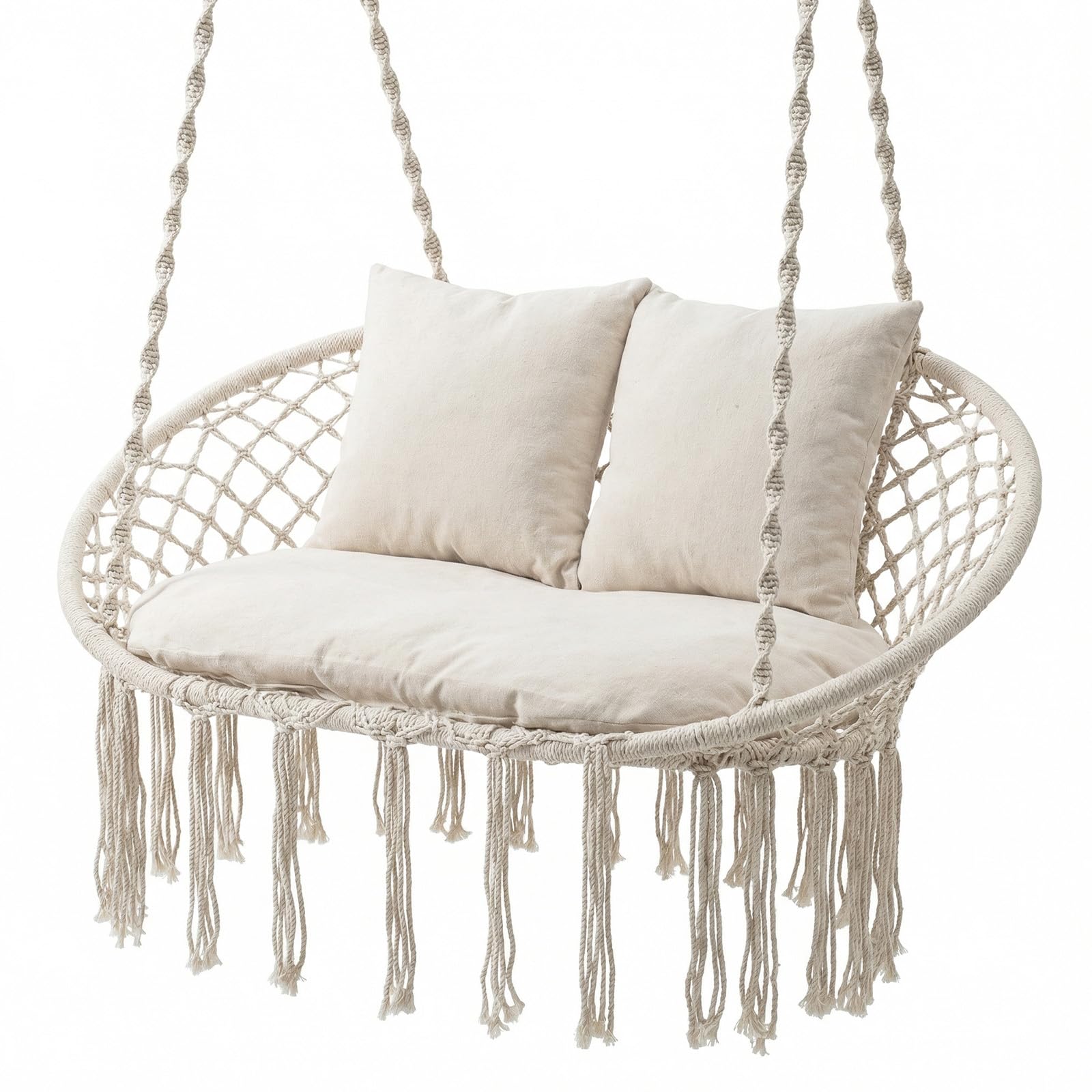 COSTWAY Silla Hamaca Colgante, Columpio de 2 Plazas con Flecos, Cojines y Estructura Metálica, Asiento Doble de Estilo Bohemio, Uso Interior Exterior para Patio Balcón Porche, Carga 250 kg, Beige