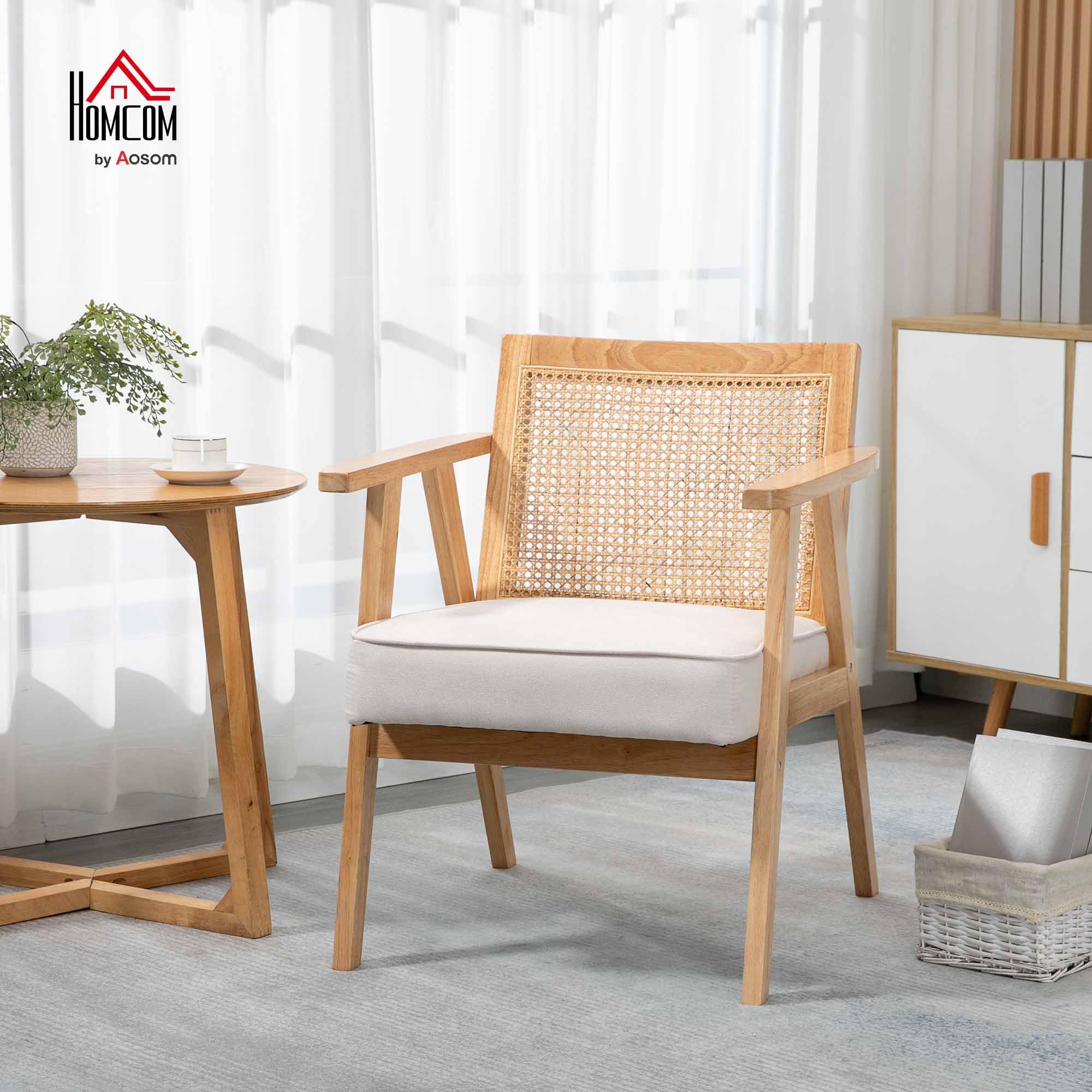 HOMCOM Sessel Wohnzimmer Relaxsessel mit Armlehnen, Sitzkissen, Loungesessel mit Rattan-Rückenlehne, Lesesessel mit Leinen-Optik, Holzrahmen, Polstersessel für Schlafzimmer Creme