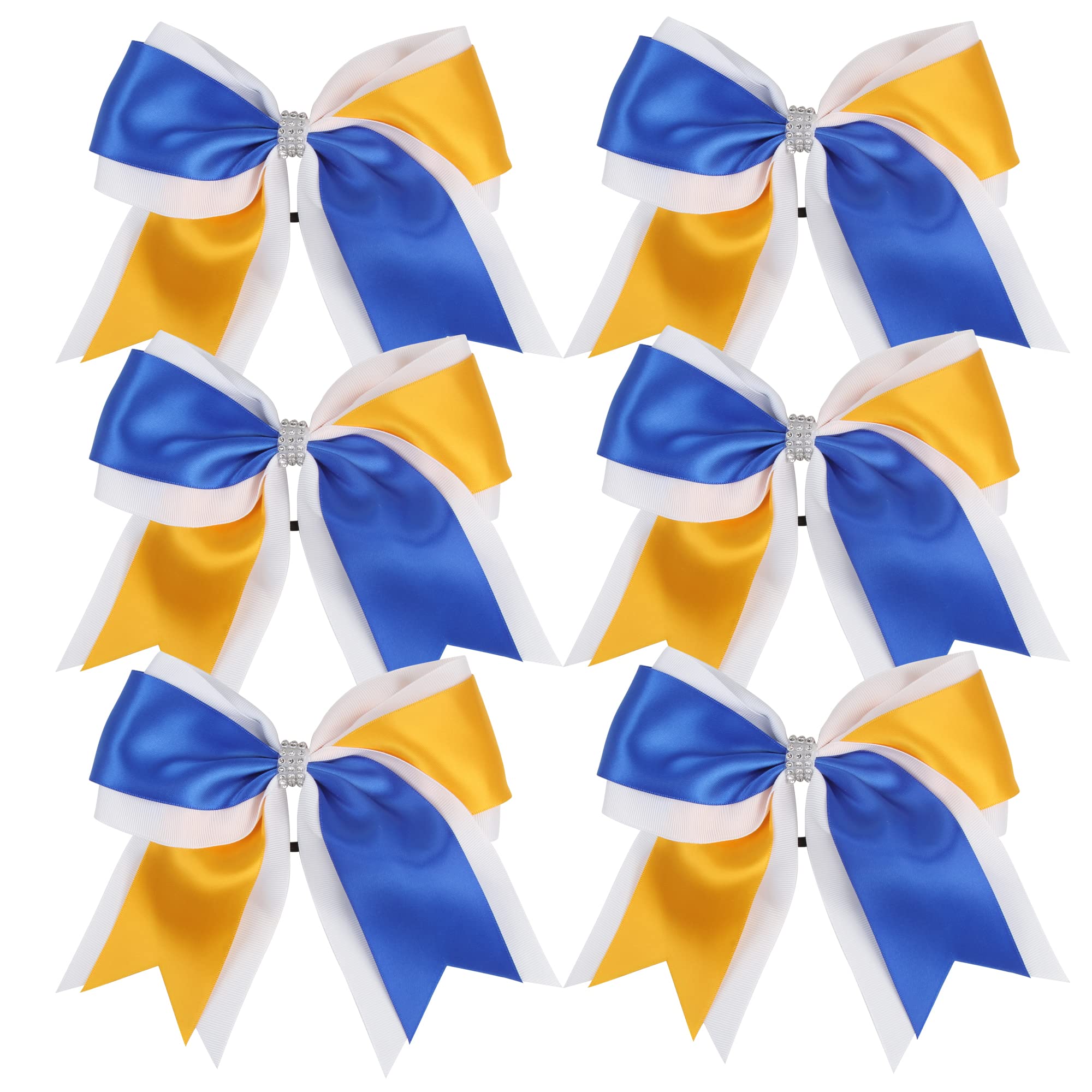 Cheerleader Bows 8 Inch 3 Colors 2 Layers 6 Pcs Jumbo Ponytail Holder Cheerleading Bows for High School College Hair Elastic Hair Tie (Royal Blue/Gold