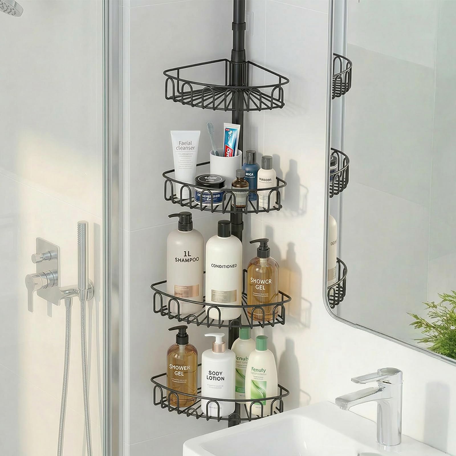 COSYLAND Tension Shower Caddy No Drilling, Height Adjustable 86-318 cm, Corner Shower Shelf with 4 Shelves & Hooks, Rustproof Metal Bathroom Storage Rack for Shower, Black