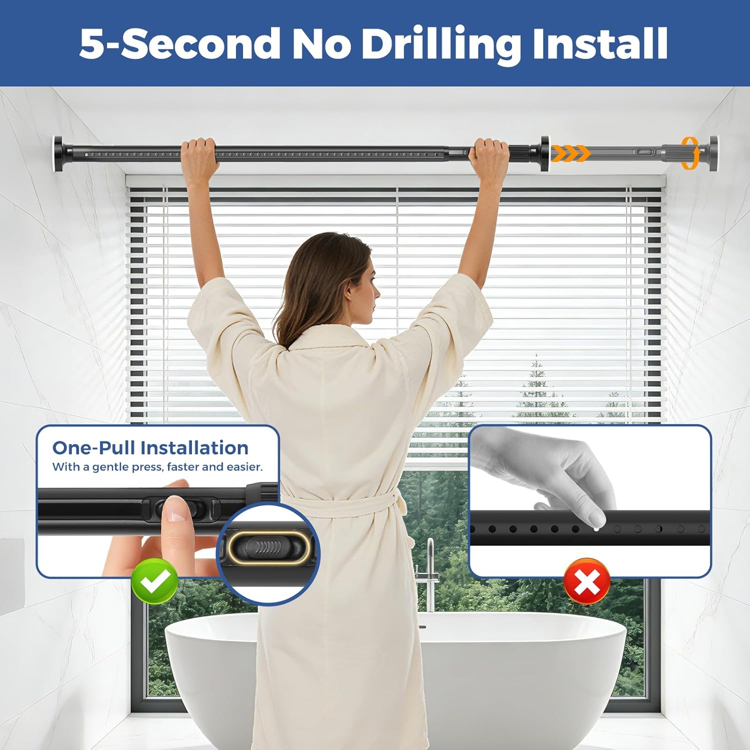 Tension Curtain Rods 51-122 Inch(5-10 Ft),Long Tension Rods No Drilling,Heavy Duty tension rod for Bathroom Windows Room Divider Outdoor Patio,Easy Install,Never Rust,Diameter 1.26 In-Black