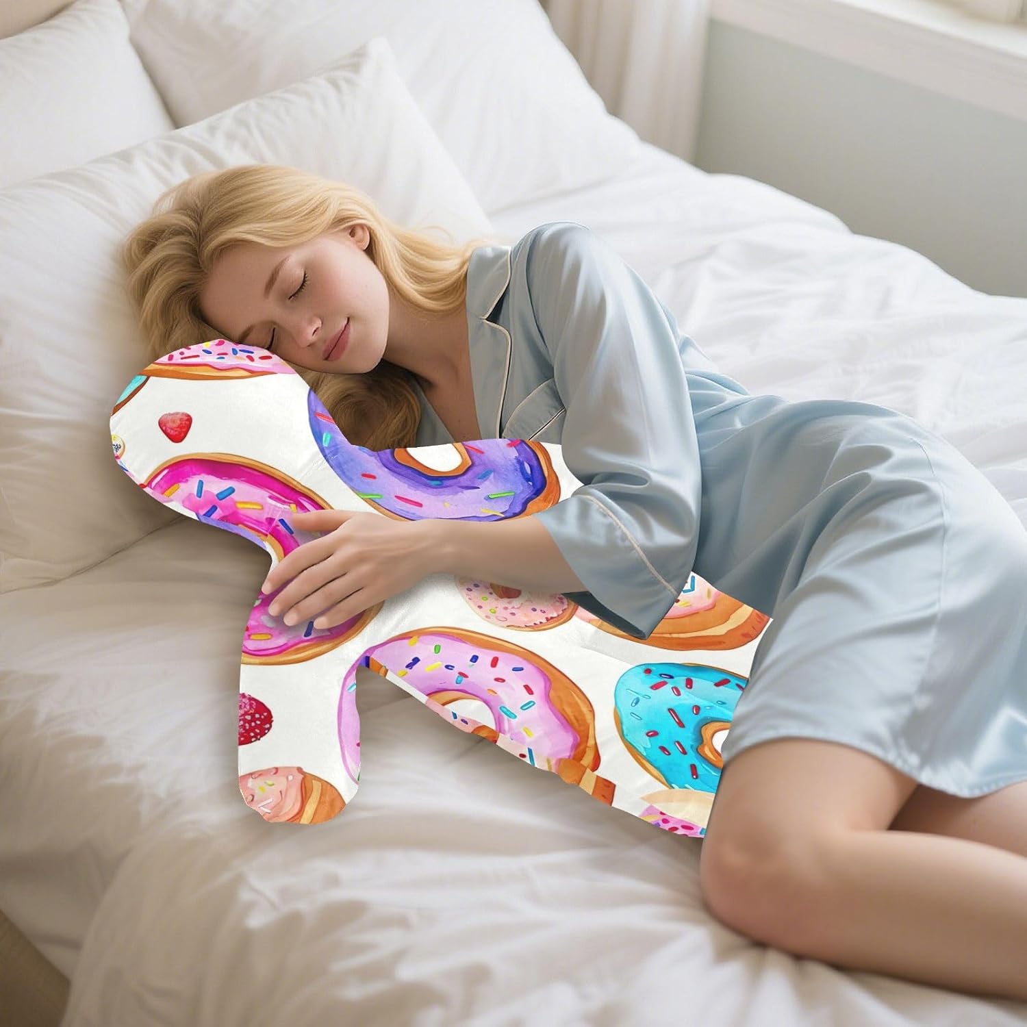 Colorful Donut Human-Shaped Pillow Soft Body Pillows Washable Velvet Pillows for Anxiety Relief Sleeping Cuddling & Support