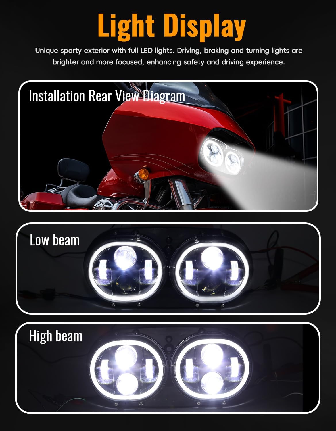 Headlight with Halo Ring for Harley Road Glide 04-13, 2 in 1 LED Headlights w/High Beam Low Beam Head Lamp Front Light Kits for Harley Road Glide 2004-2013 Accessories