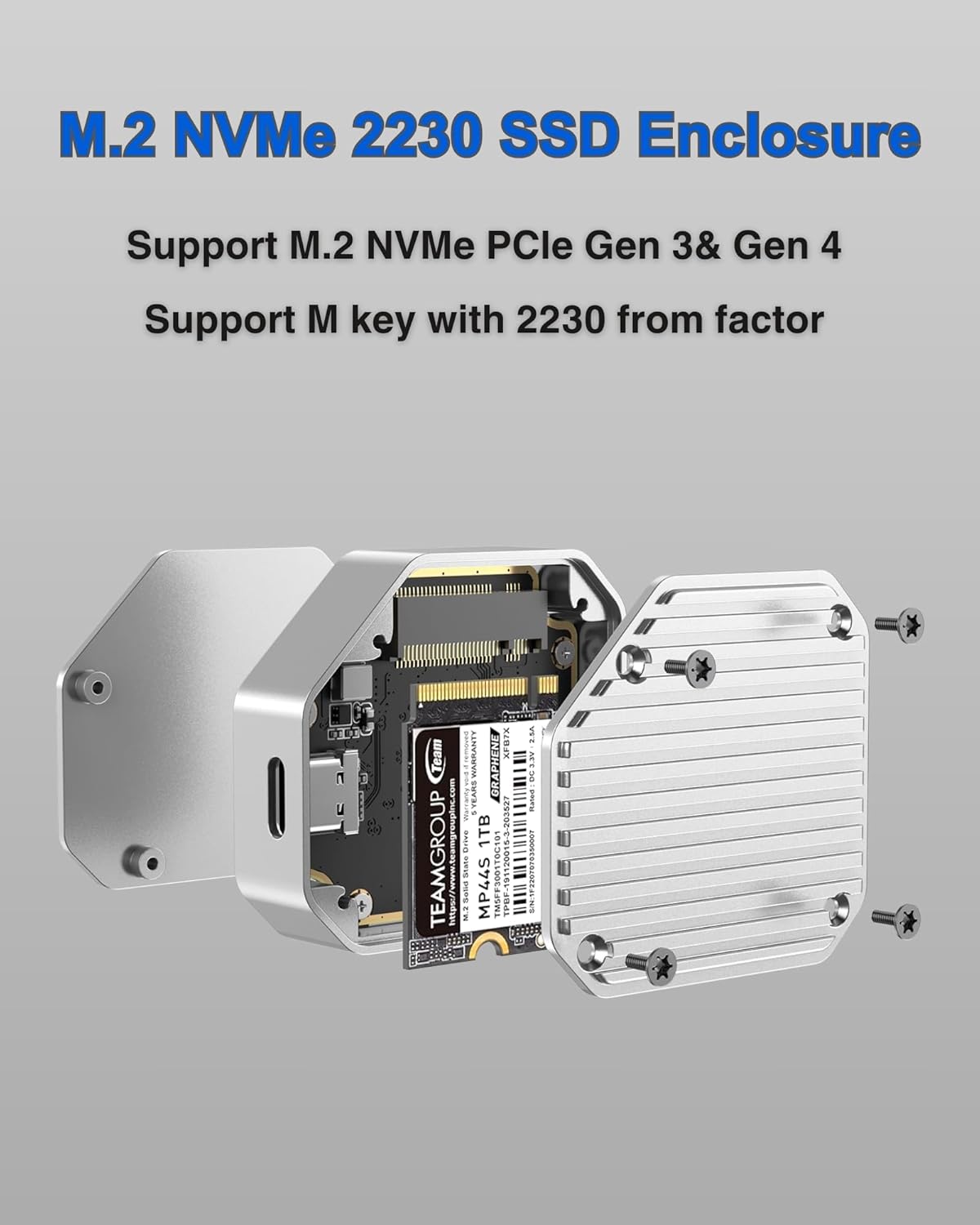2230 SSD Enclosure, M.2 NVMe SSD Enclosure, 10Gbps USB-C 3.1, Supports M.2 M Key & B+M Key Size 2230mm External SSD Drive Enclosure | Light Grey