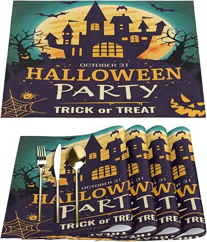 Placemats Set of 6 Halloween Horror Pumpkin Bones Skull Fabric Placemats Square Placemat for Kitchen Table Heat Resistant, Easy to Clean Table