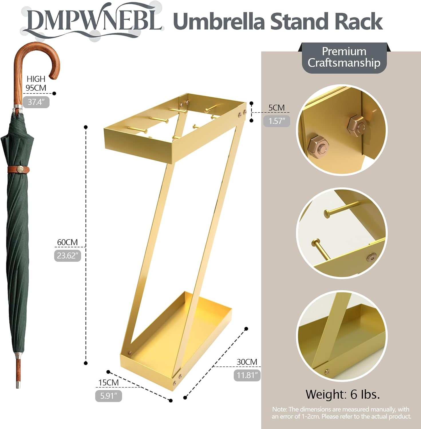 Umbrella Holder for Entryway, Gold Indoor Umbrella Stand with Hooks,Metal Umbrella Storage Rack Ideal for Home Office Hotel Lobby image 3