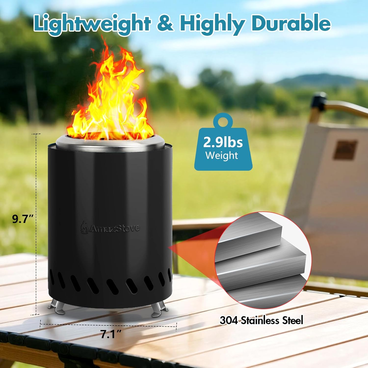 9.7 x 7.1 Inch Tabletop Fire Pit by AmazStove, Low Smoke Camping Stove for Outdoor Safe Burning Firepits, Fueled Pellets or Wood, Travel Bag Included (Black, 9.7 x 7.1 INCH)