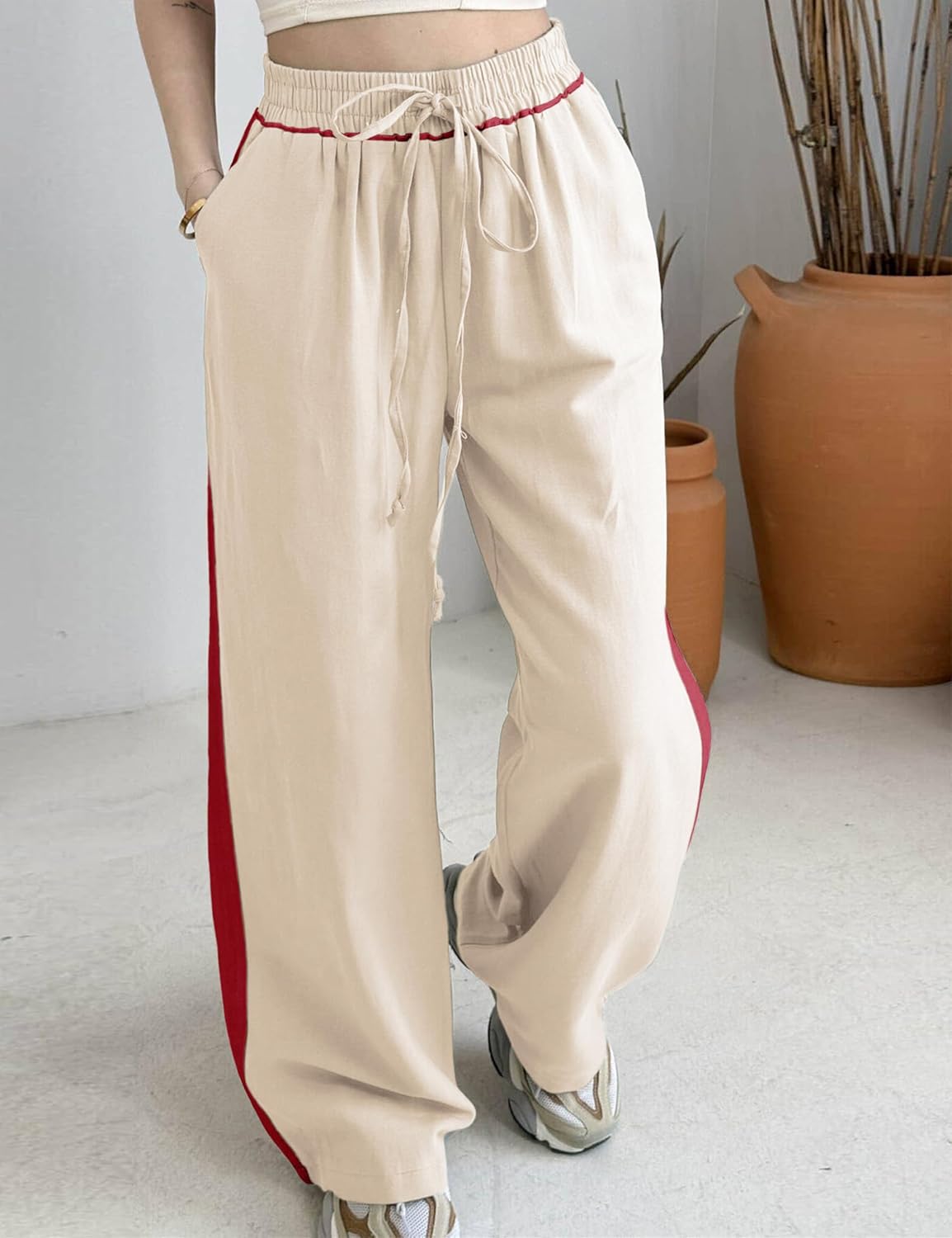 Hongsui Women's Casual Wide Leg Pants Color Block Side Striped Pants Drawstring Loose Sporty Pants with Pockets - Image 3