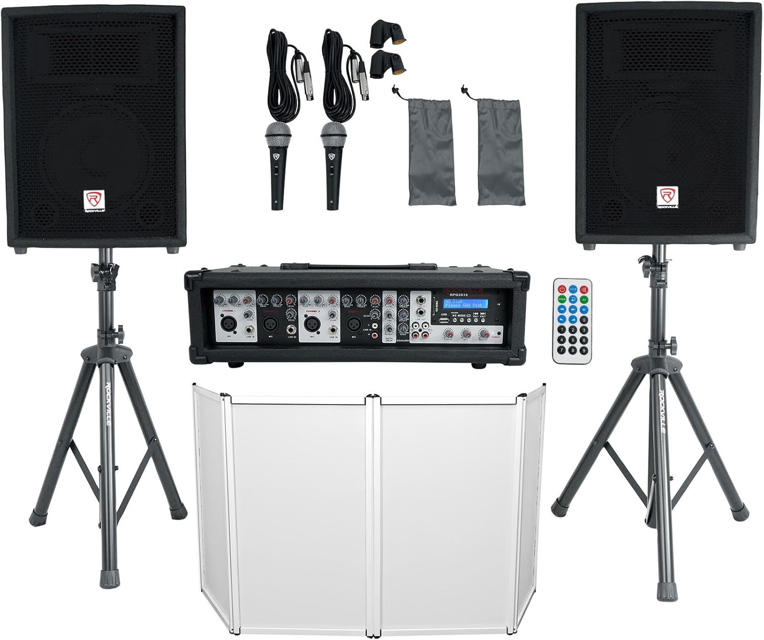 Rockville RPG2X10 Bundle: 1800W Powered 4-Ch Mixer/Amplifier with Bluetooth, EQ, and Effects, (2) 10" 800W Passive DJ PA Speakers, Stands & Mics, RFAAW 112x48 Facade Booth, Bag & Scrims, 3-Items