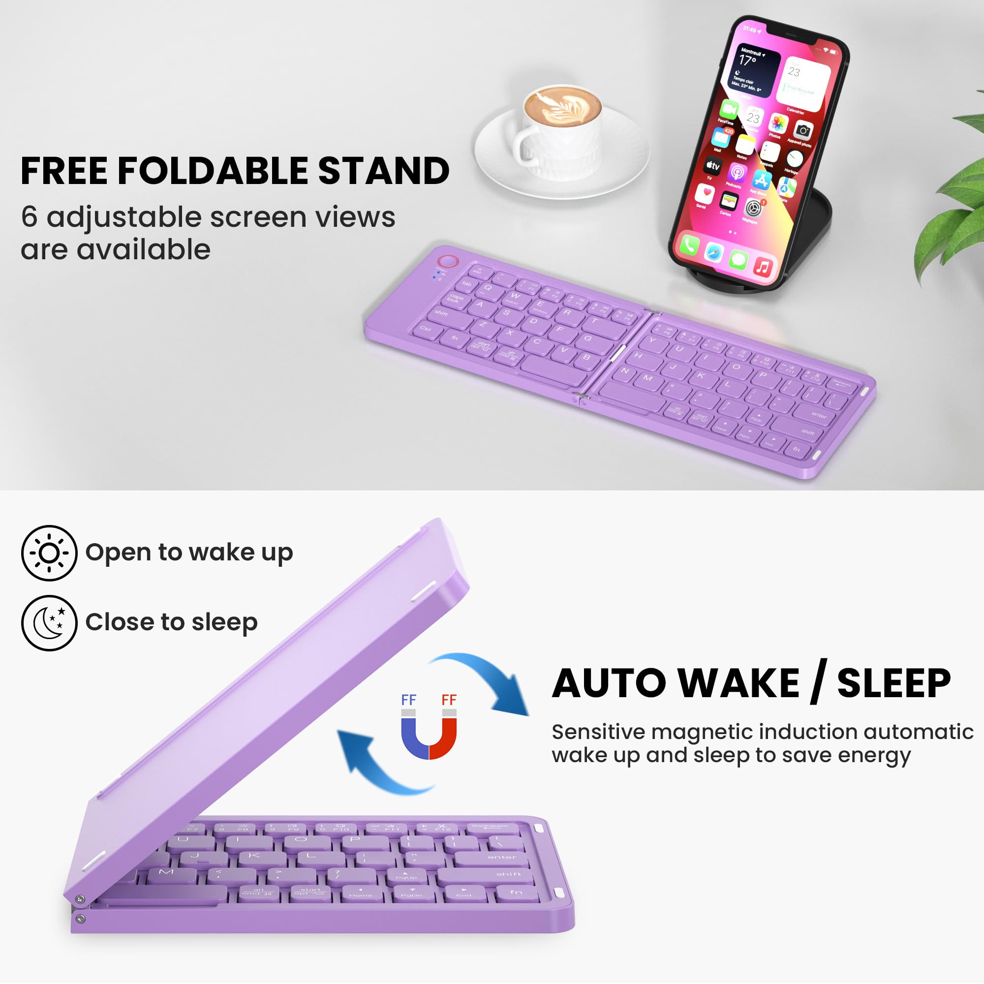 Mini Foldable Bluetooth Keyboard - Portable Wireless Full Size Keyboard (Sync Up to 3 Devices), Ultra-Slim Aluminum Travel Folding Keyboards for iPhone iPad Mac Android Windows iOS (Purple) - 3