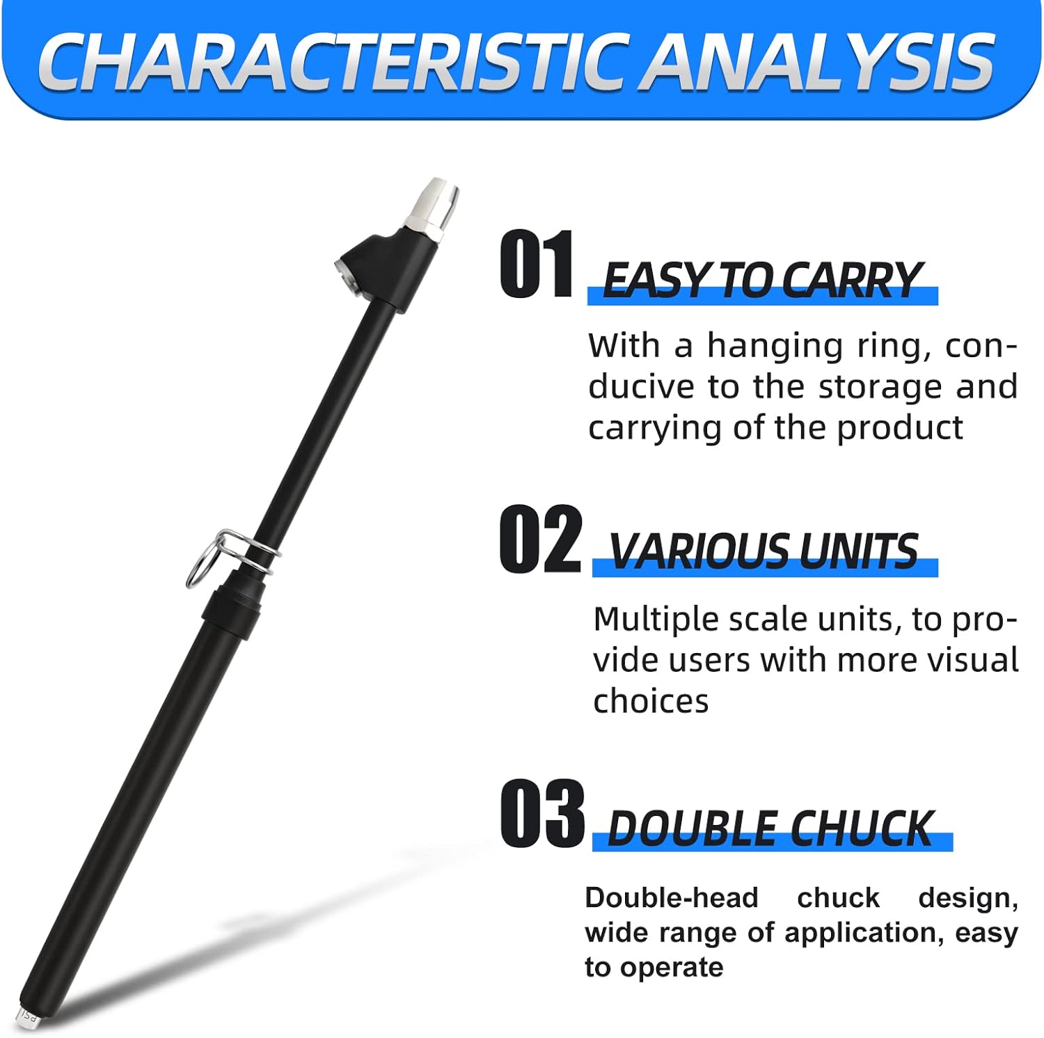 MEANLIN MEASURE Black Double Straight Type Tire Pressure Gauge, 10Pcs, 10-150 Psi, Suitable for Trucks, Cars, Motorcycles