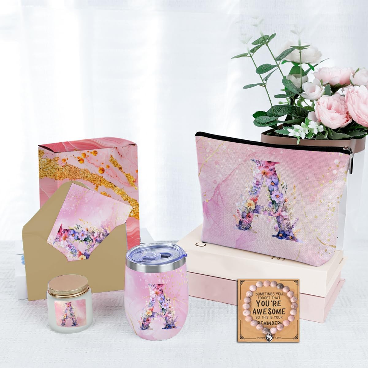 Personalized Gifts Monogrammed Birthday Gifts for Women, Bridesmaid Bachelorette Party Wedding Christmas Initial Wine Tumbler Makeup Bag Scented Candle Bracelet Set, (Aesthetic Pink Flower A) - Image 4