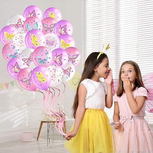 Miniatura 5 de Libima 45 globos de látex de mariposa para decoración de cumpleaños, globos de látex de hadas rosas y moradas, decoraciones para niñas, princesas,