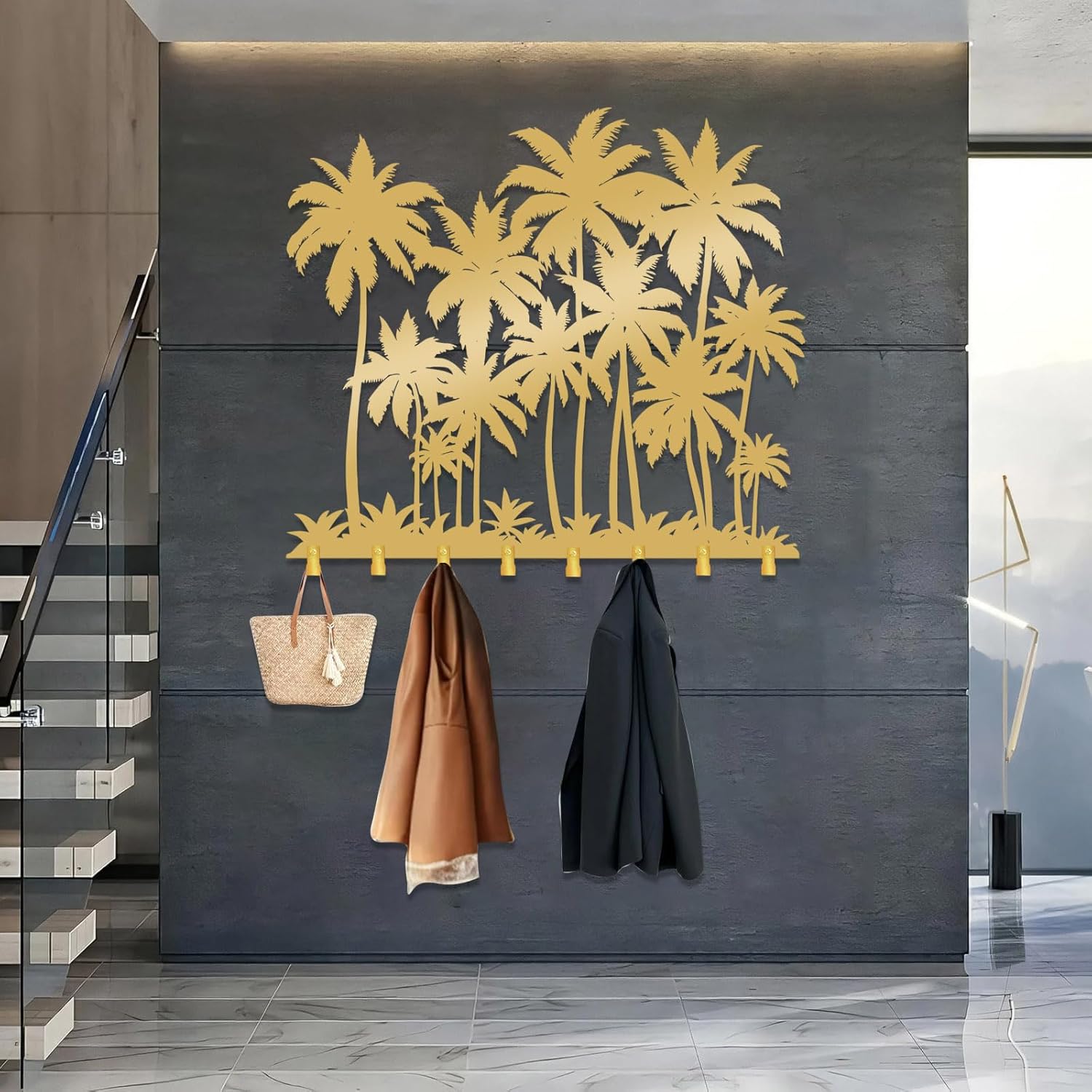 Palm Tree Coat Rack, Palm Tree Wall Mount, Metal Tropical Coat Rack, Coastal Wall Hanging, Home Storage Hooks, Beach Room Decor (Black, 39"x45"|100x115cm)