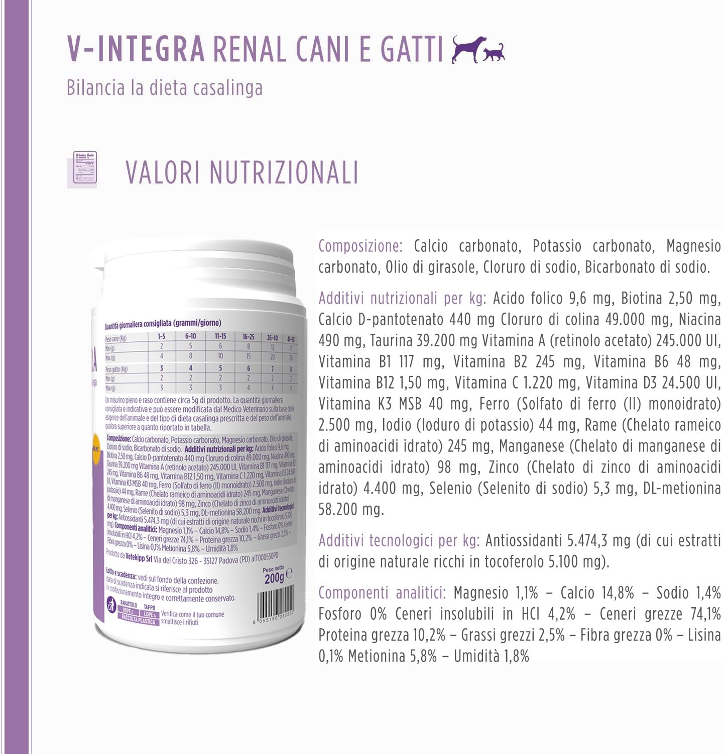 V-INTEGRA Renal Met* Perros y Gatos (*con metionina) - Suplemento Completo de Vitaminas y Minerales para la Dieta casera de Perros y Gatos Que Requieren Restricción de Fósforo - 200g - Made in Italy