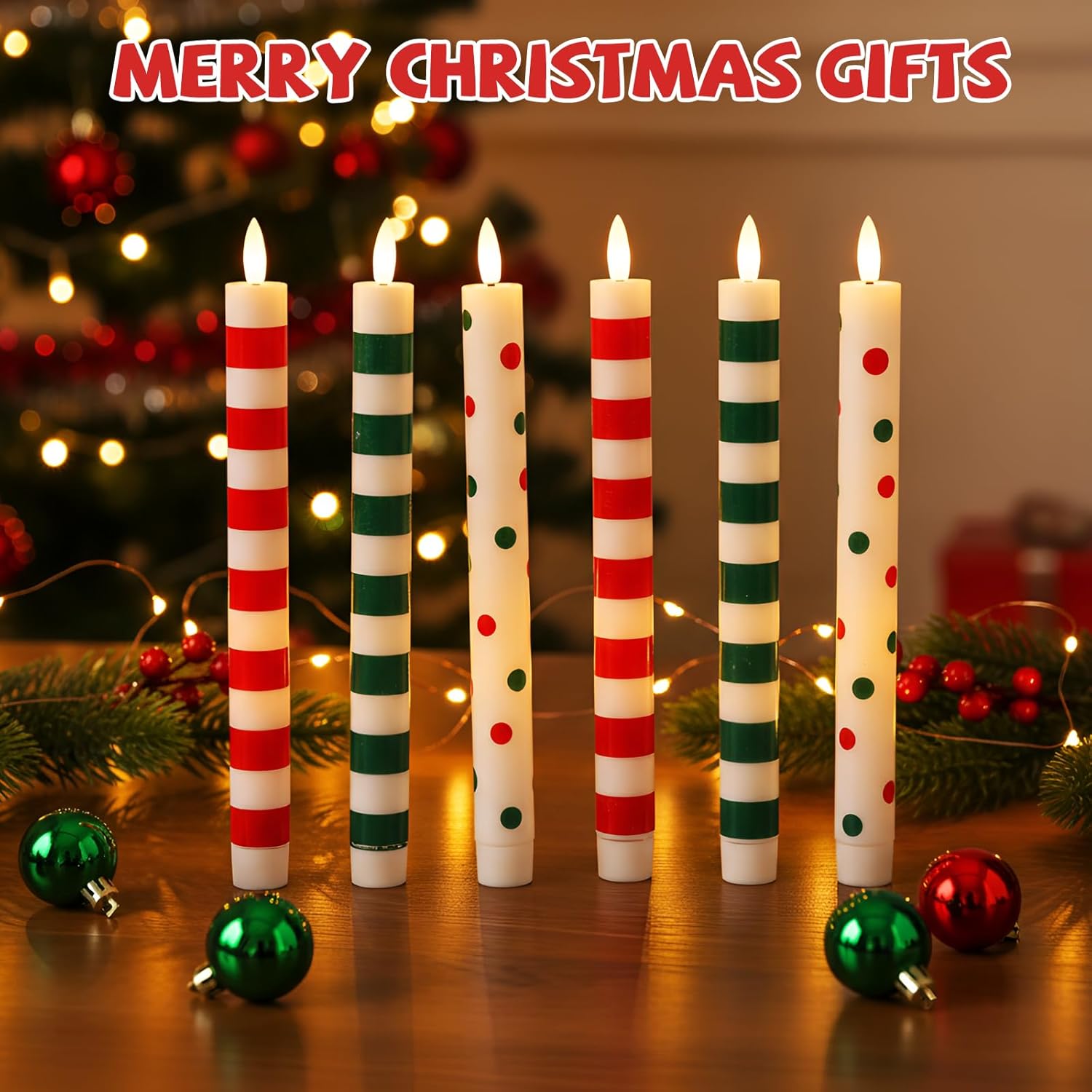 6 Pack Christmas Flameless Taper Candles 10.6'' Plastic LED Candles 3D Wick Flickering Electric Tall Candlesticks Battery Operated for Christmas Fall Autumn Home Party Decor