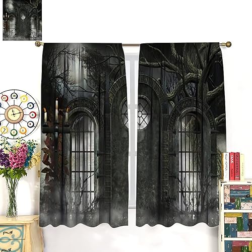 Miniatura 3 de Cortinas góticas con diseño de luna de Halloween, historia, puerta espeluznante, fondo de terror, vela, ficción, patrón de impresión, sala de estar