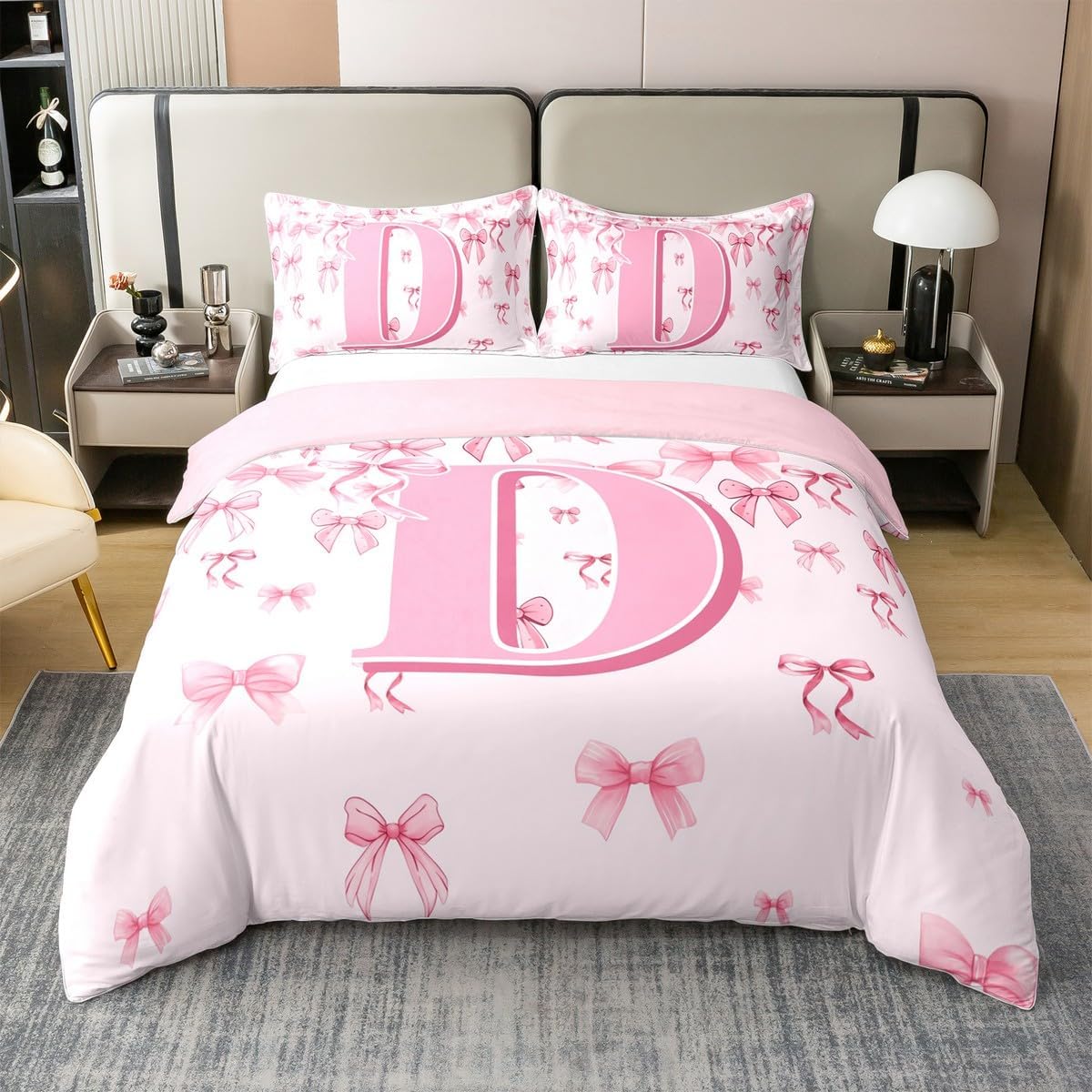 jejeloiu Girls Pink Bow Duvet Cover 100% Cotton Queen Size Cute Bowknot Bedding Set for Boys Girls Letter D Comforter Cover Monogrammed Bedroom Decor 3Pcs Coquette Bows Zipper with 2 Pillowcases