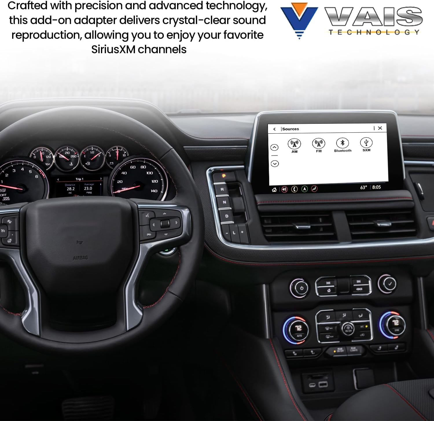 ڊيش بورڊ view of a vehicle's infotainment system showing SiriusXM as an audio source option.