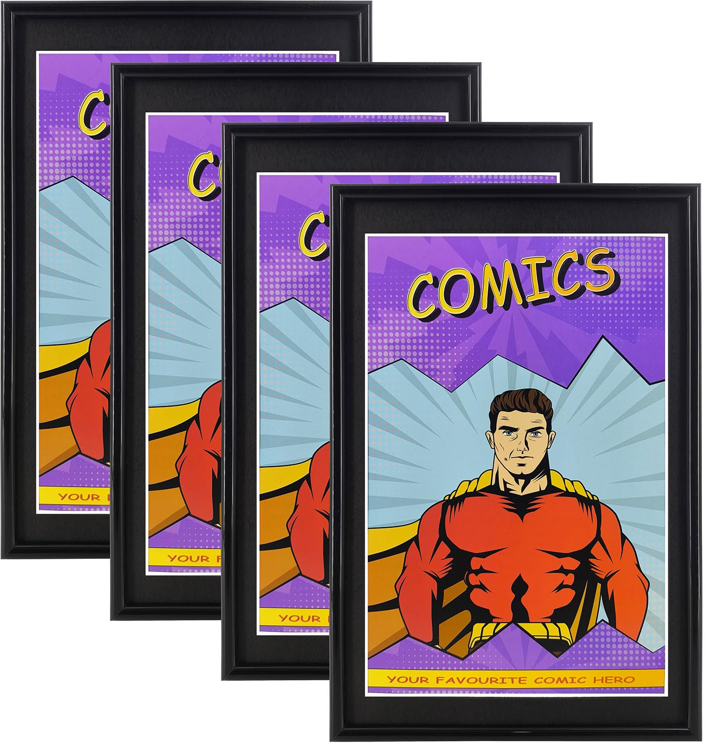 4er Set Comic-Bilderrahmen mit schwarzer Passepartoute, UV-Schutz, schwarzer Rahmen für aktuelle Comics bis 16,5 x 26,4 cm, geeignet für Comic-Taschen und -beutel