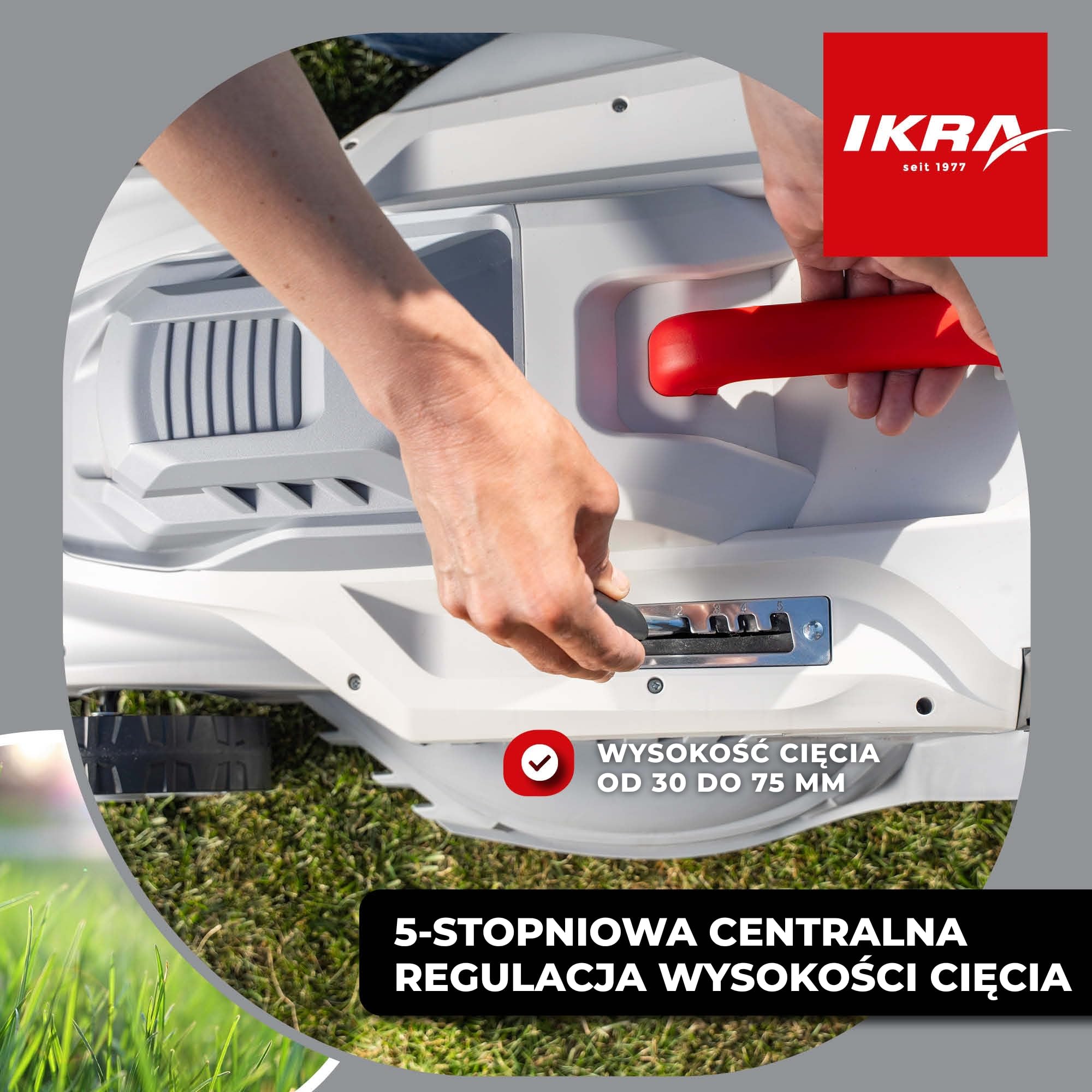 IKRA Kosiarka elektryczna IERM 2043 T, 2000W, 43cm, nóż zapasowy w zestawie | 3-stopniowa regulacja uchwytu, 5 wysokości koszenia 30–75 mm, kosz 50 l i zestaw do mulczowania, hartowany nóż