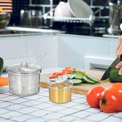 Miniatura 6 de Juego de 2 macetas acrílicas para condimentos con tapa y caja de condimentos, cuenco de sal, azúcar, sal y pimienta, tarro de almacenamiento para