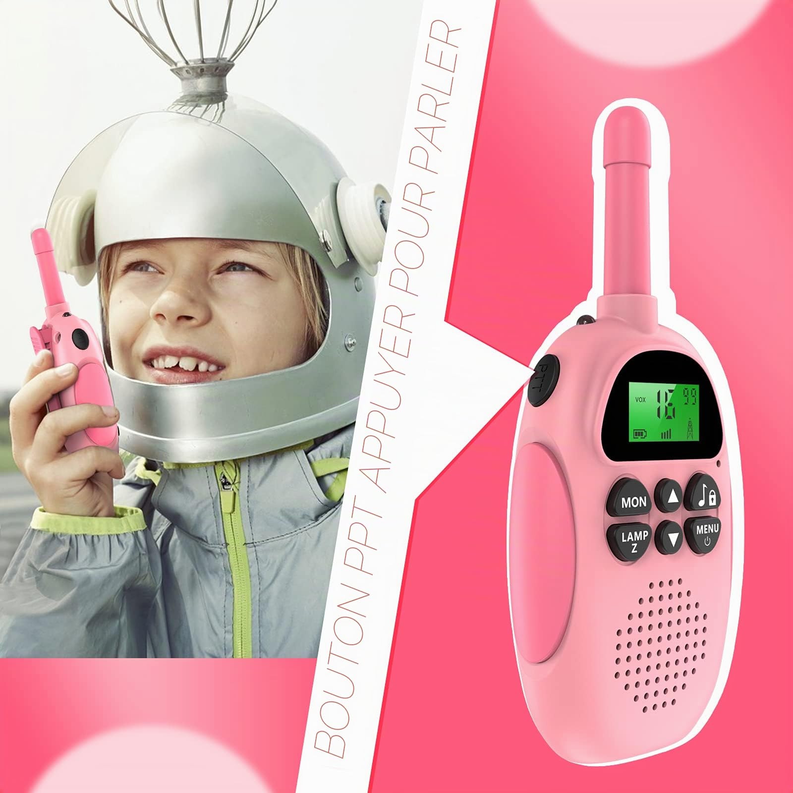 Ushining Talkies Walkies Enfants, VOX Talkie Walkie Rechargeable Enfant, Lampe de Poche LCD Rétro-éclairée, 3 KM pour Aventures Extérieures Camping Randonnée, Cadeau De Noël