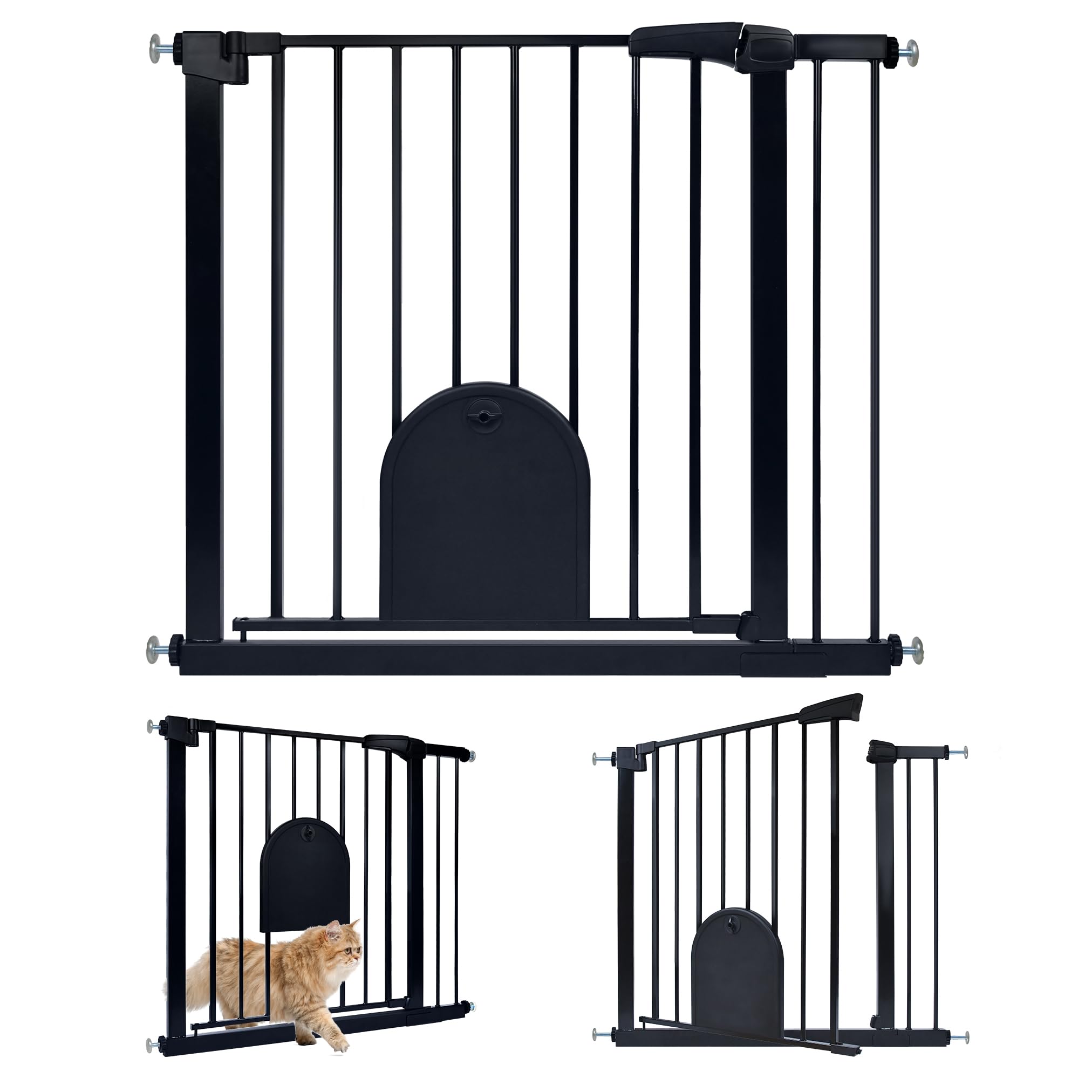 UISEBRT Treppenschutzgitter Türschutzgitter Ohne Bohren Treppengitter mit Katzentür Haustiertür, für Breiten 85-95 cm, Selbstschließend, Einhändiges Öffnen Metall Gitter, Schwarz