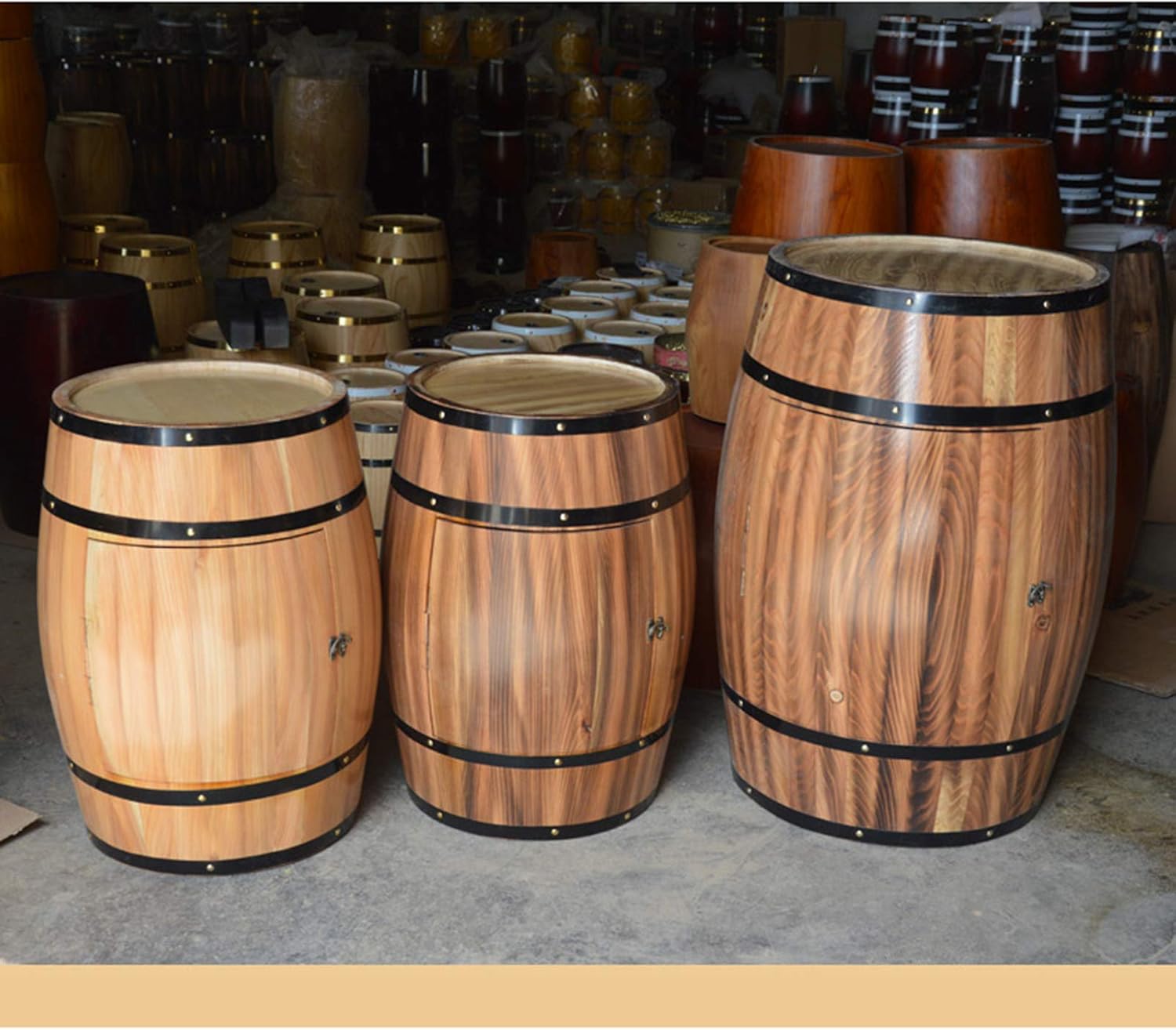 Oak Barrel Wine Cabinet with Locking Door - Decorative Beer Barrel Display - Solid Wood Storage for Wine Cellar Decoration