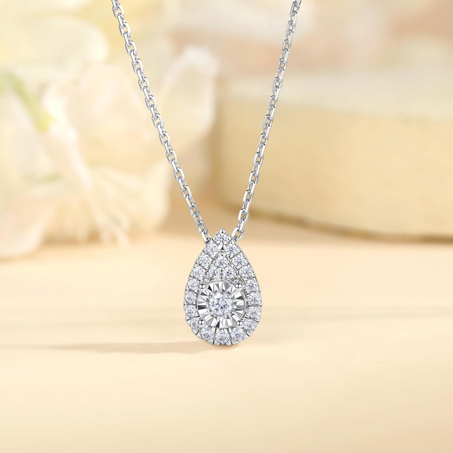 Lab Grown Diamond Pendant Necklace, Round Halo, Sterling Silver