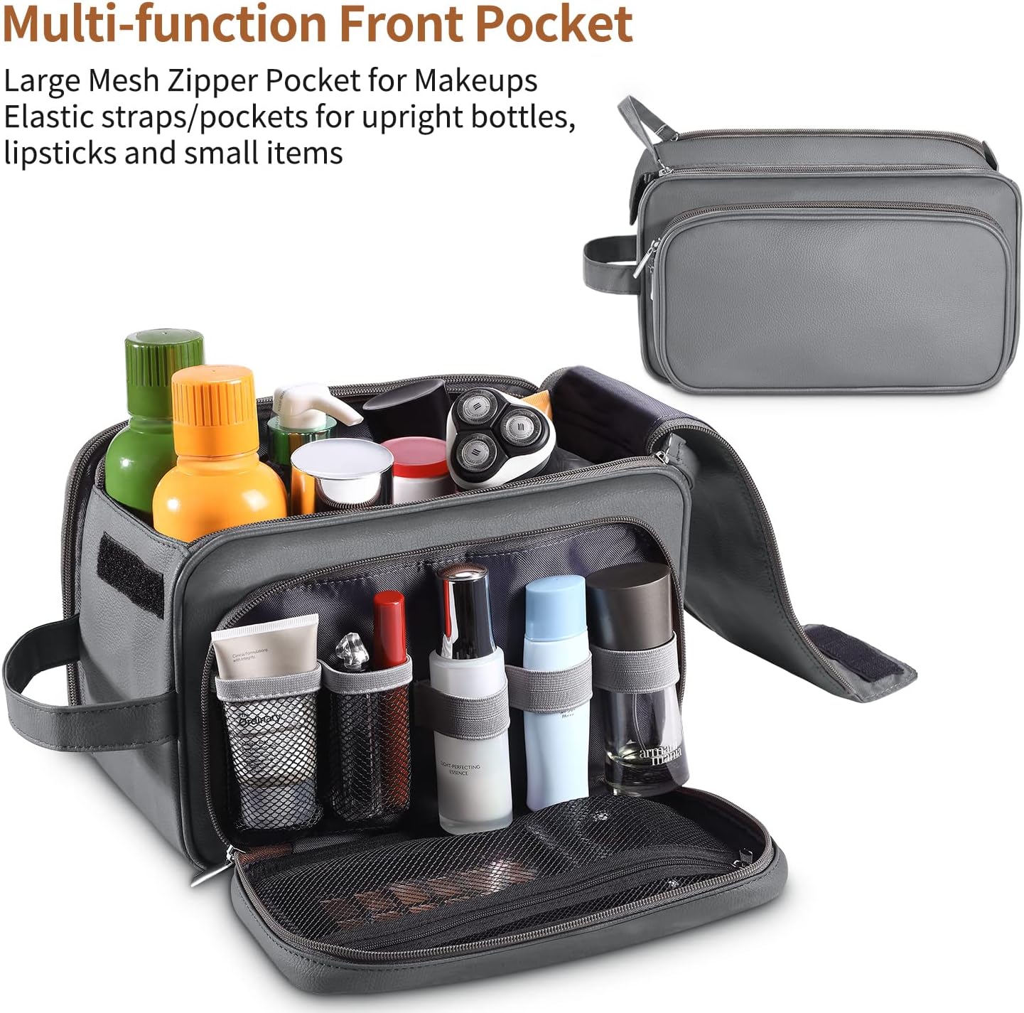 Buruis Extra Large Toiletry Bag for Men, Travel Toiletry Organizer Dopp Kit Water-resistant Shaving Bags, PU Leather Cosmetic Bathroom Shower Bag for Toiletries, Grooming, Accessories (Grey)