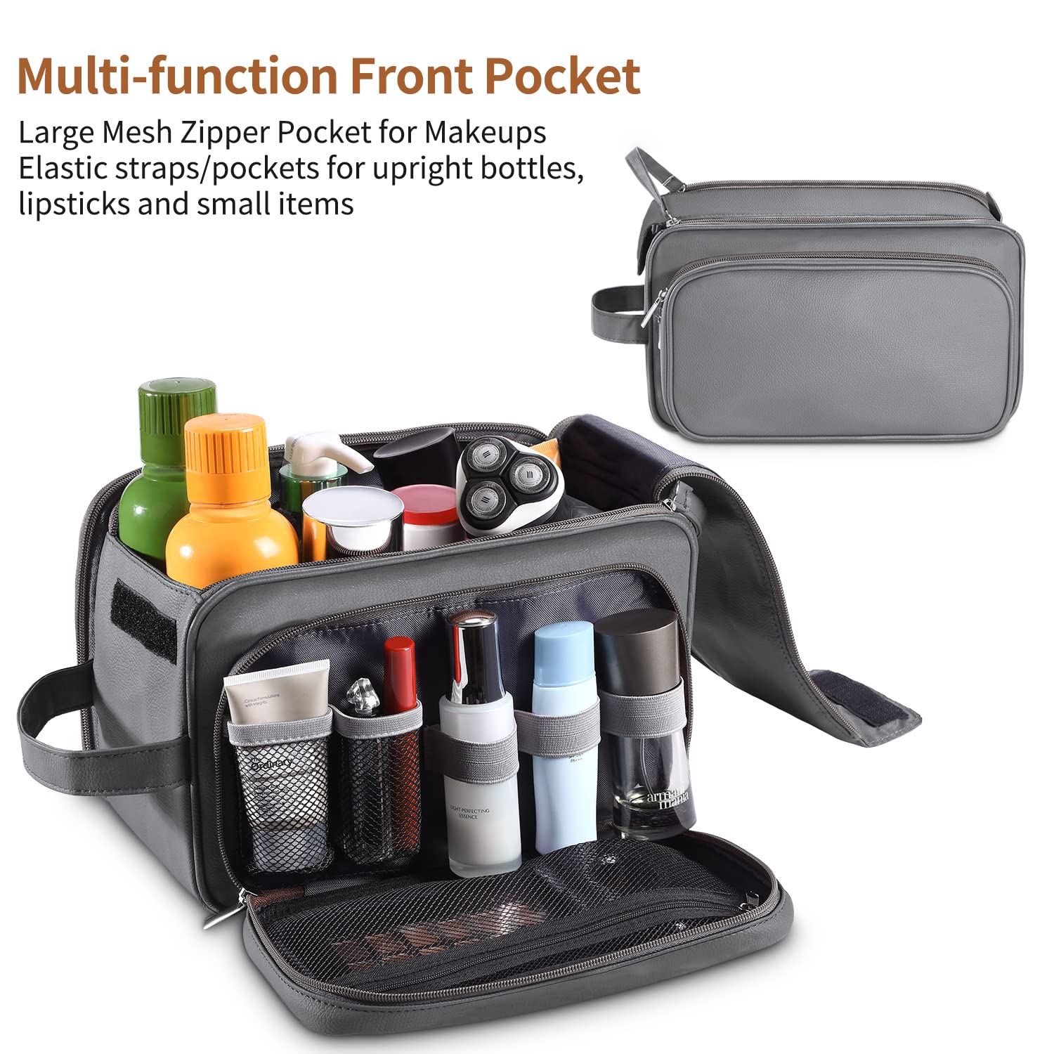 Neceser Grande para Hombre, Organizador de artículos de Aseo Personal, de Piel sintética, Resistente al Agua, Kit de Afeitado para Accesorios de Aseo Personal, Gris, XL, Neceser
