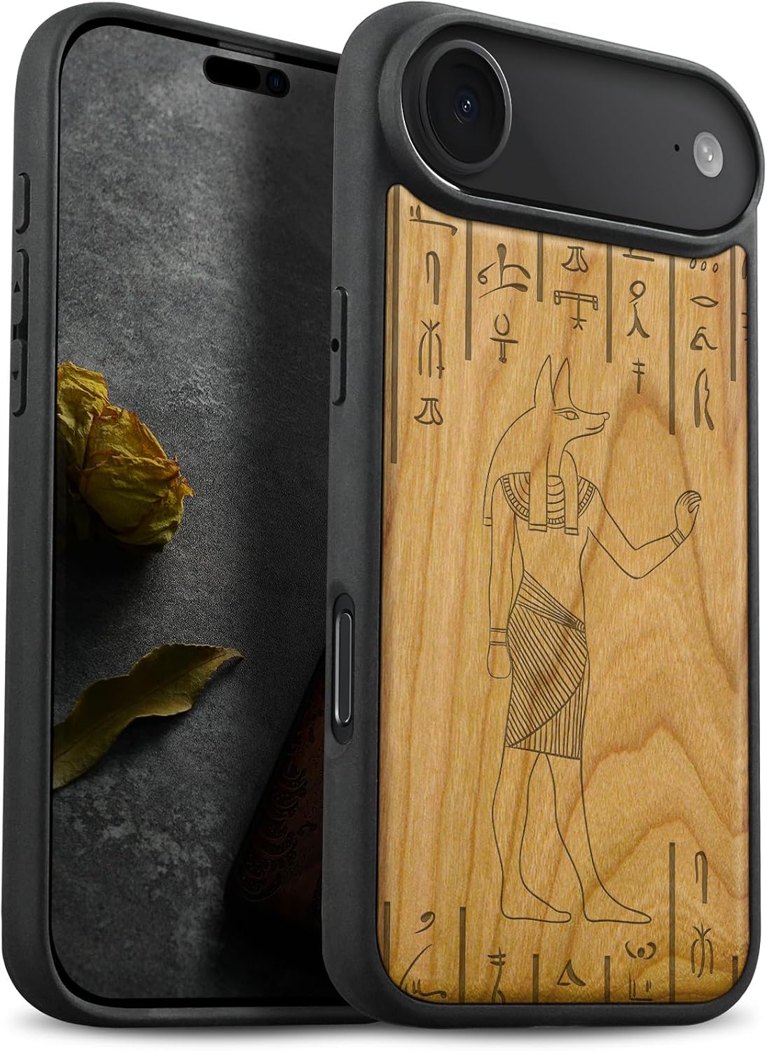 Carveit Magnetic Wooden Case for iPhone Air Case, Wood Artisan Engraved & Soft TPU Shockproof Cover, Compatible with MagSafe 17 Air Wireless Chargers (Anubis Hieroglyphics) Rosy