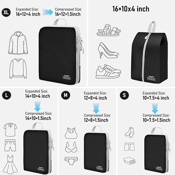 Compression Packing Cubes for Travel, Travel Essentials Luggage Organizer bags for Suitcase, Durable Compression Travel Packing Cubes for Carry on Backpack