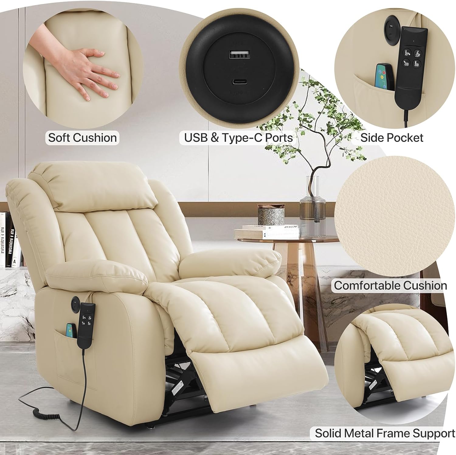 Dual Motor Large Power Lift Recliner Chair Recliners for Elderly, Infinite Position Recliner Chair with Heat and Massage, Breathable Leather(Beige)