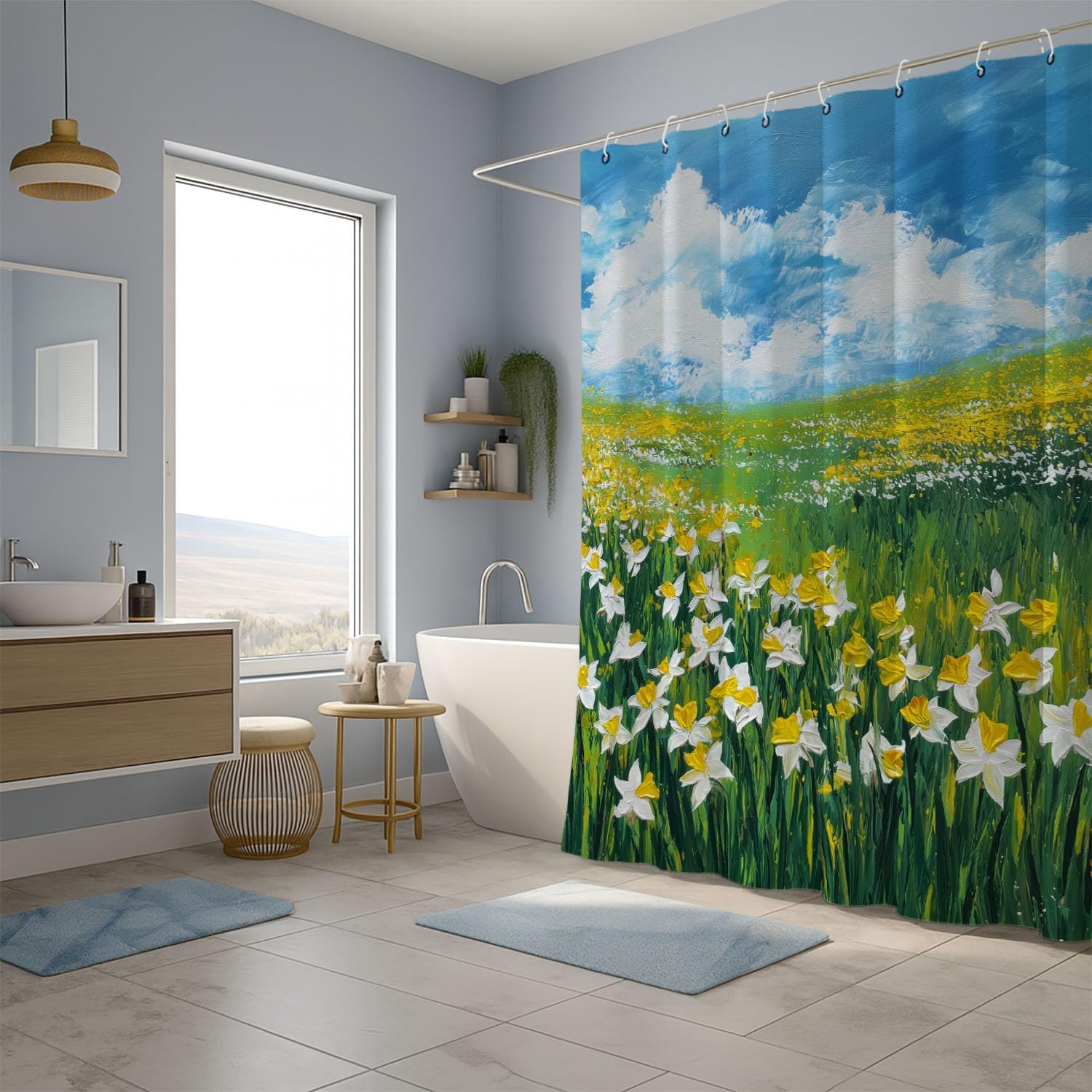 Generisch Zasłona prysznicowa 240 x 200 cm, zestaw 1 szt., miękka mikrofibra, wodoszczelna i odporna na pleśń, nadaje się do prania, do łazienki i wanny, z oczkami i haczykami, zielona, obraz olejny
