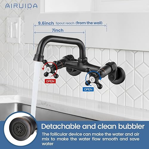 Vista 60 de Airuida Grifo de cocina de níquel cepillado para montaje en pared, boquilla de 8 pulgadas, montaje en pared, grifo de fregadero de lavandería