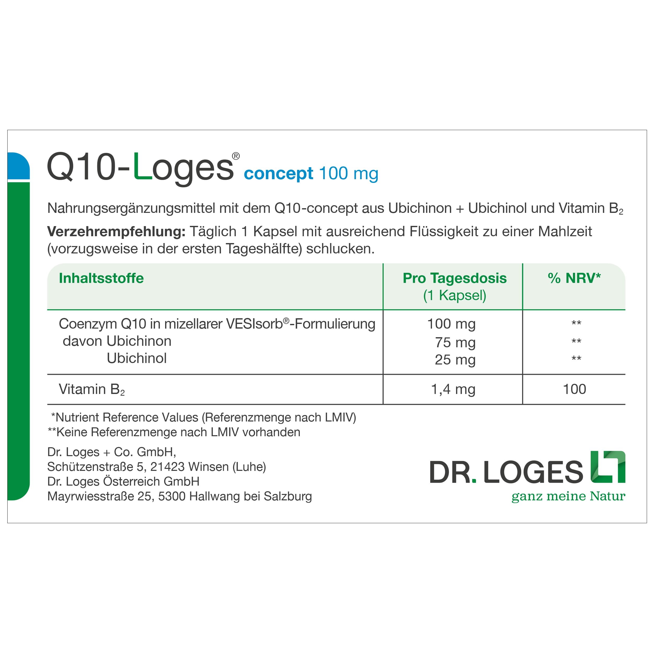 Q10-Loges® copcept 100 mg - 60 Kapseln - Nahrungsergänzungsmittel mit dem Q10-concept aus Ubichinon + Ubichinol und Vitamin B2