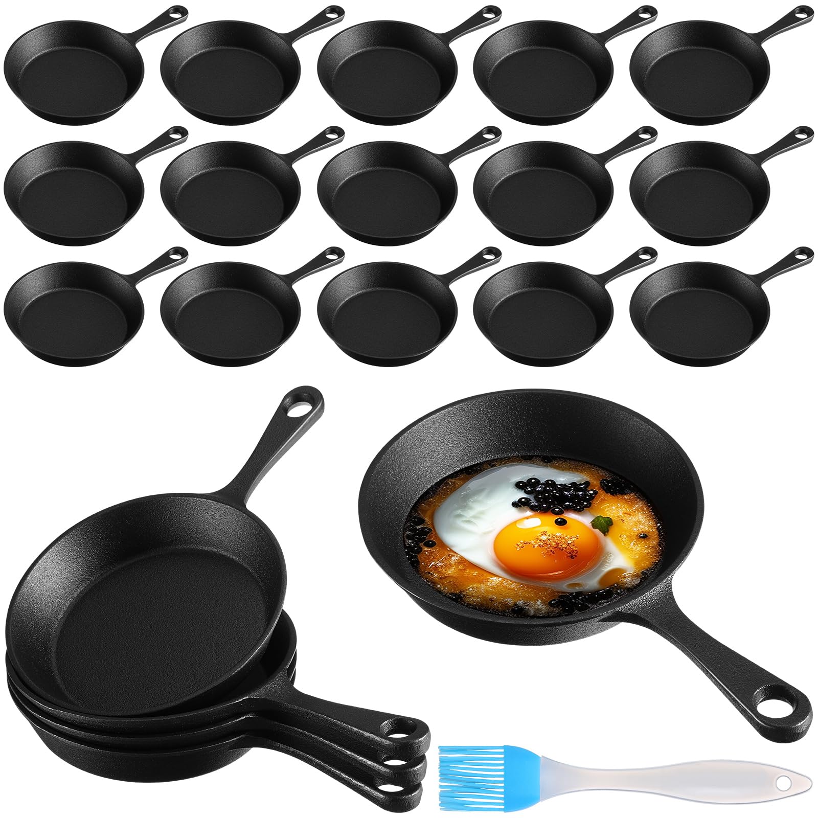 Skylety 20 Sets 6. 3 Inches Mini Cast Iron Skillets Small Black Sizzling Plate Cast Iron Skillets Frying Pan Set with Oil Brush for Indoor Outdoor Restaurant Kitchen