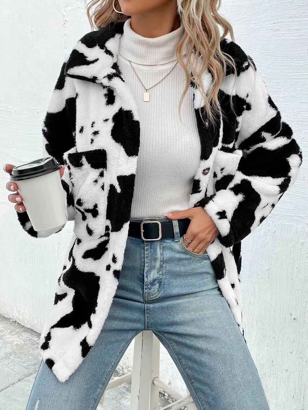 HBER Women's Casual Faux Fur Jacket Trendy Long Sleeve Button Up Cow Print Autumn Winter Loose Sherpa Fur Coats with Pockets - Image 5